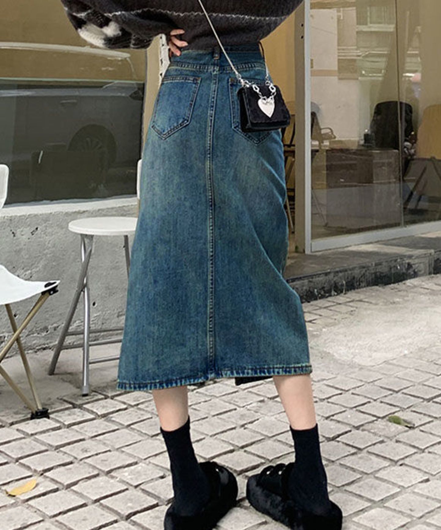 ハイウエスト スリット デニム タイト スカート