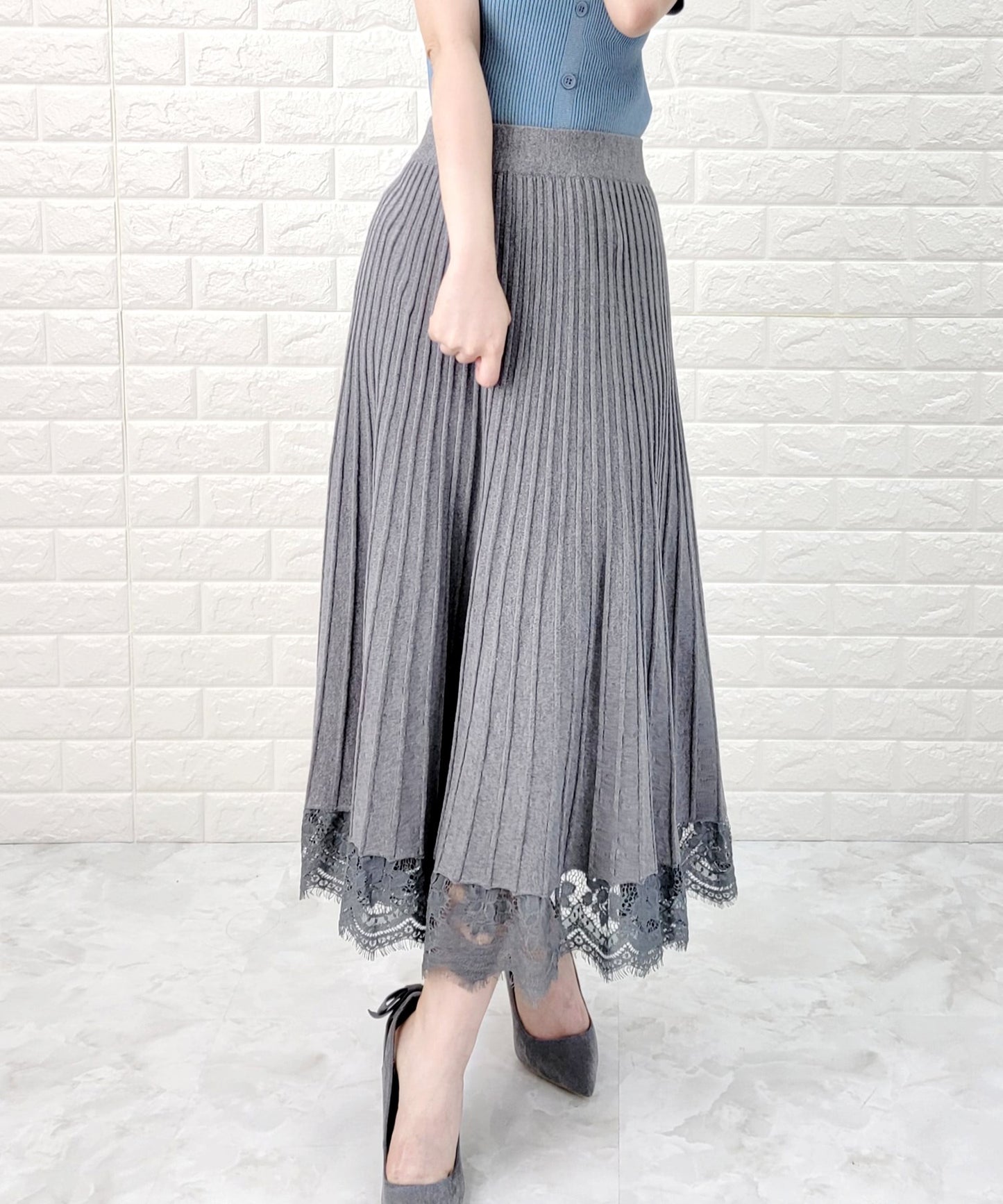 リブ ニット 裾レース ロングスカート