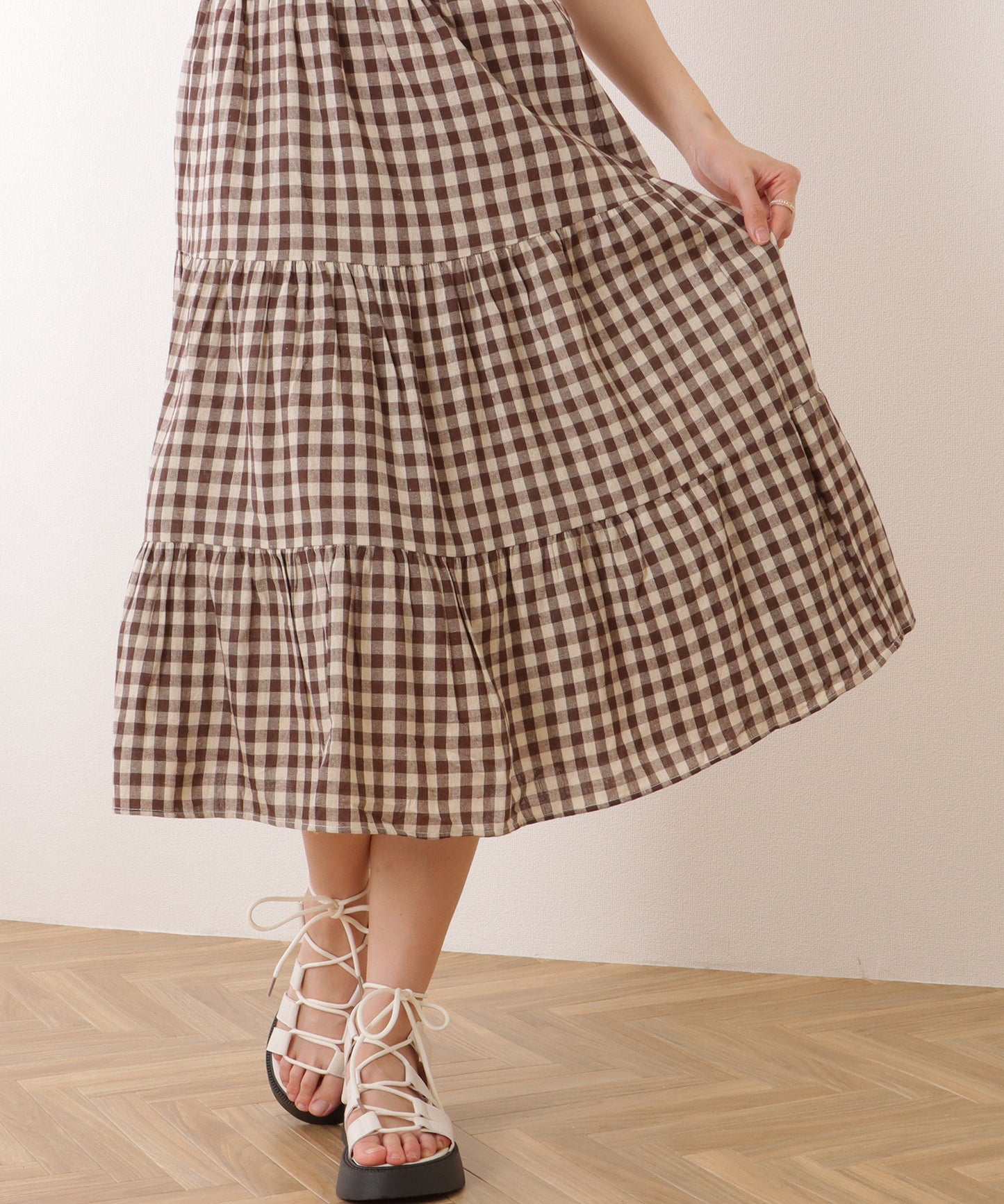 ギンガムチェック柄 ティアード ギャザー ロング スカート