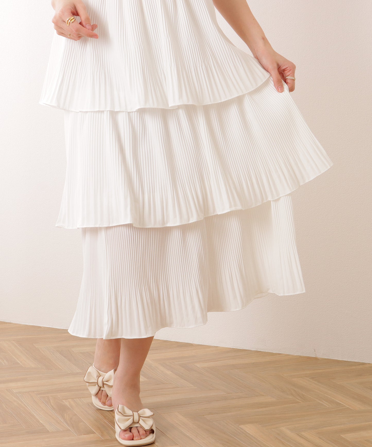ウエストギャザー ティアード ロング プリーツ スカート