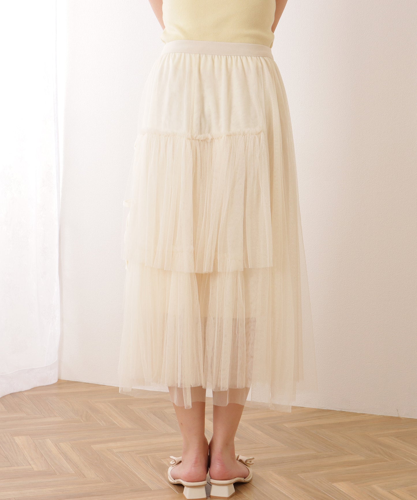 チュール ティアード ミモレ丈 フレア スカート