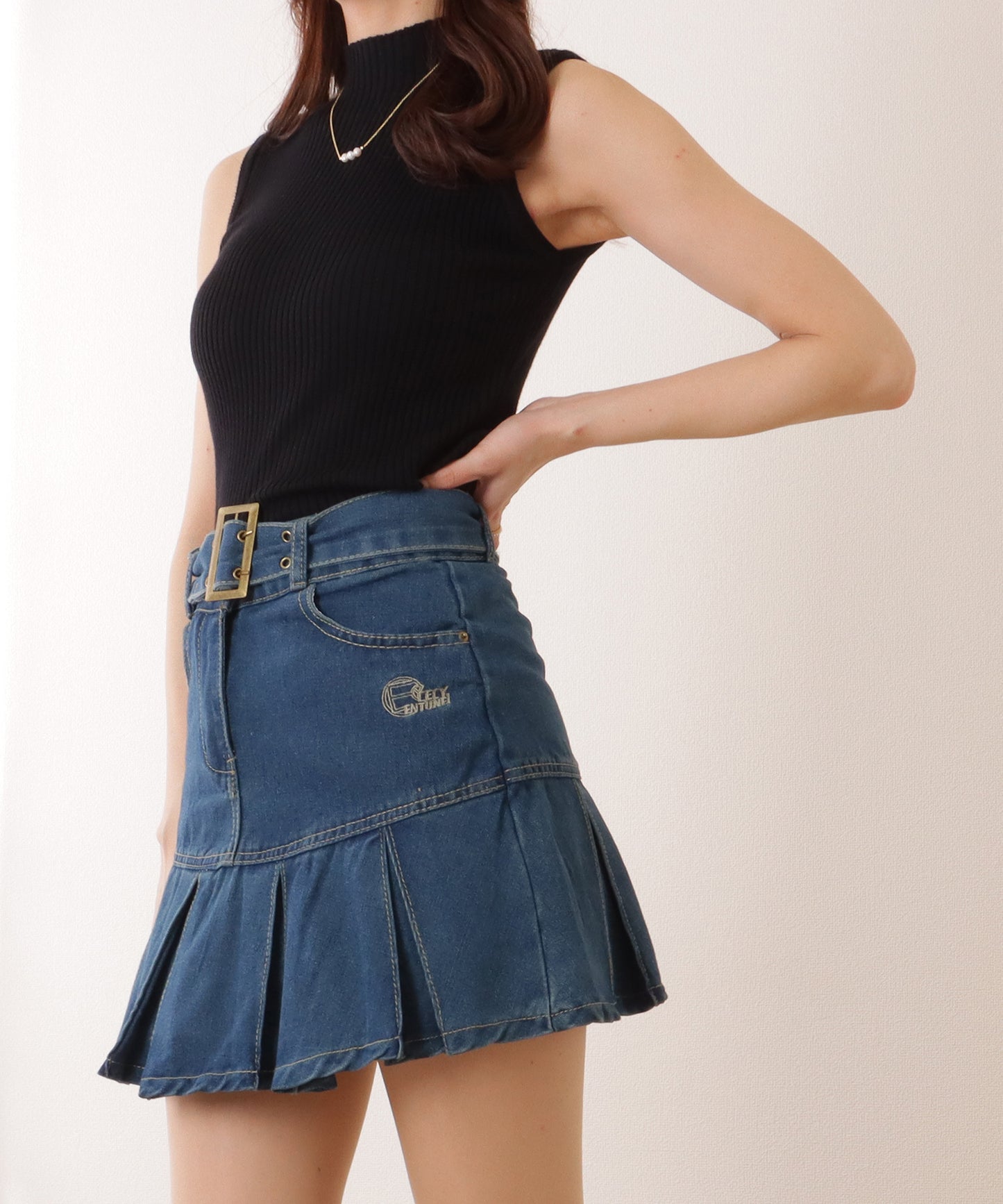 ウエストベルト デニム プリーツ ミニ スカート