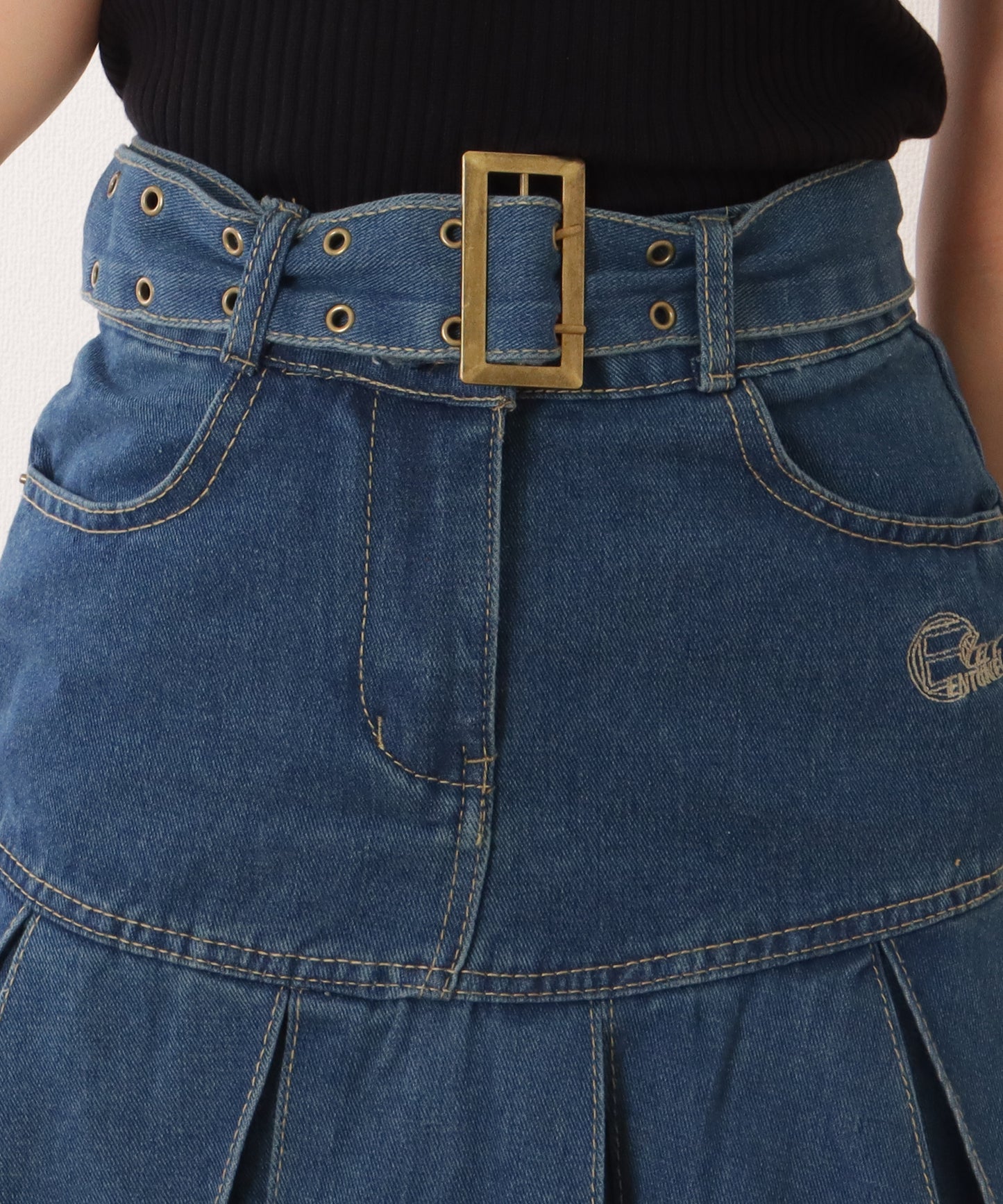 ウエストベルト デニム プリーツ ミニ スカート