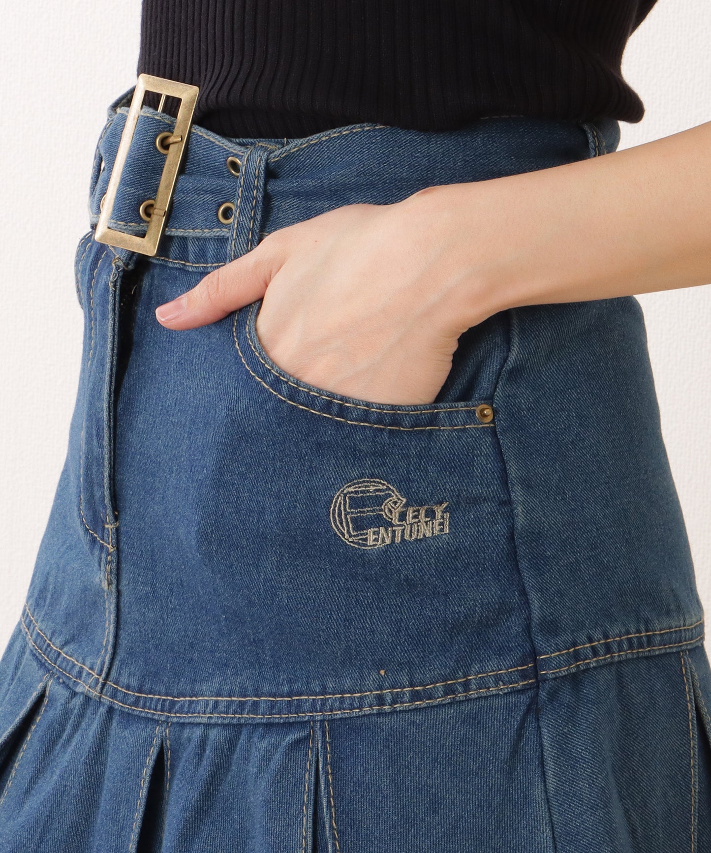 ウエストベルト デニム プリーツ ミニ スカート