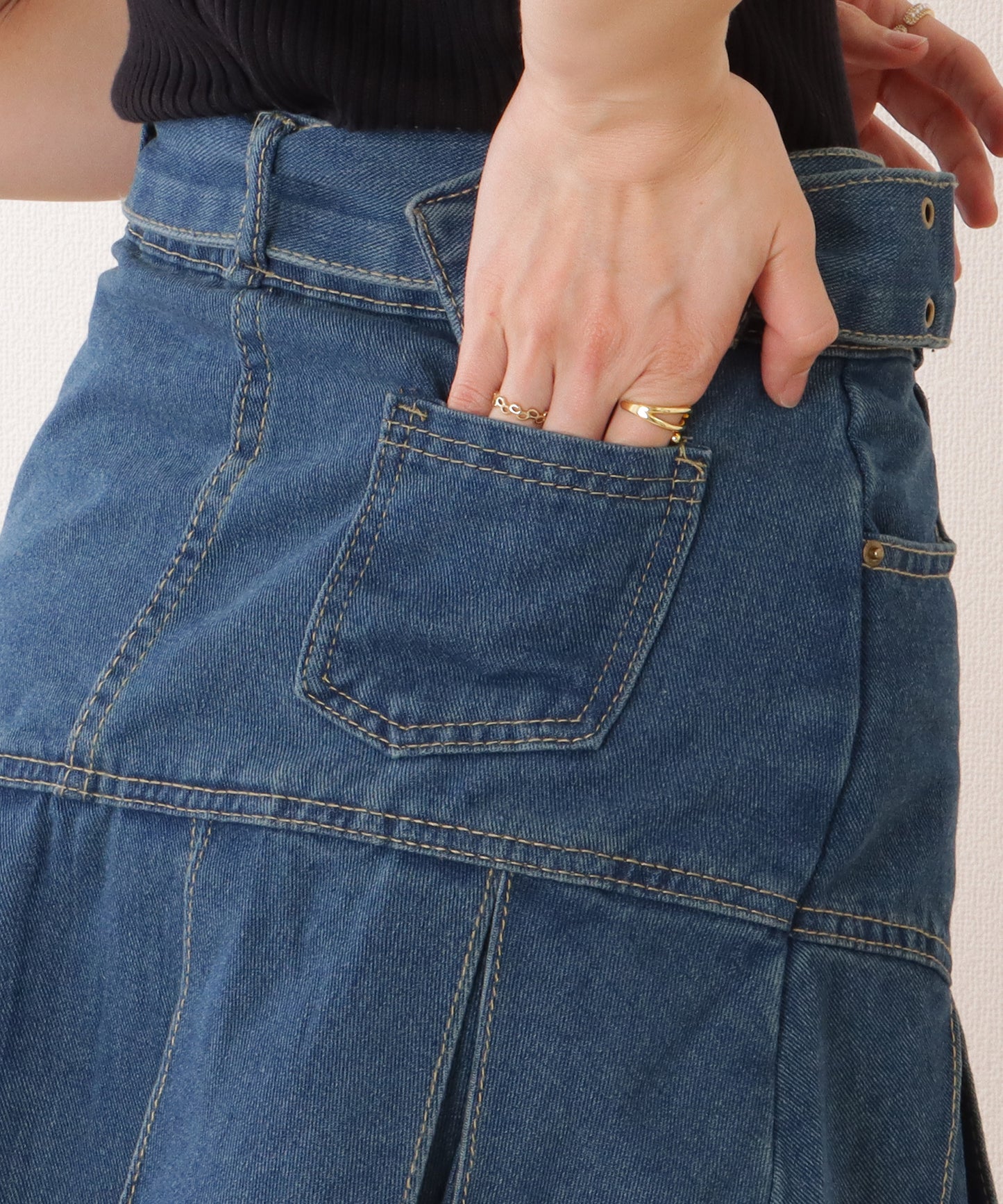 ウエストベルト デニム プリーツ ミニ スカート