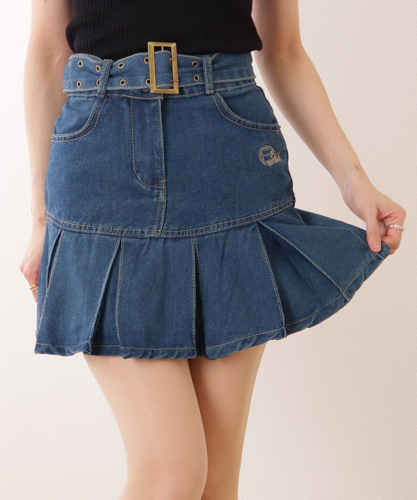 ウエストベルト デニム プリーツ ミニ スカート