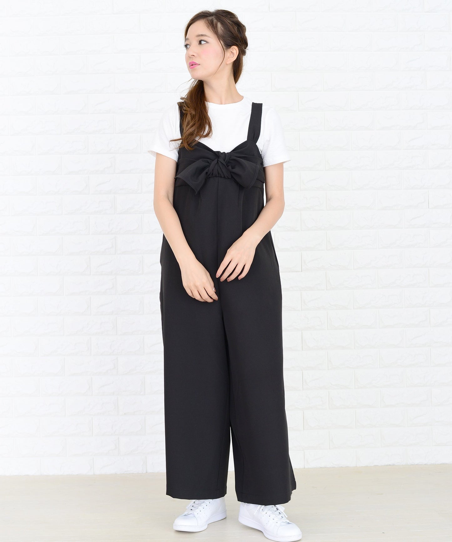 リボン付き サロペットワイドパンツ オールインワン・パンツ