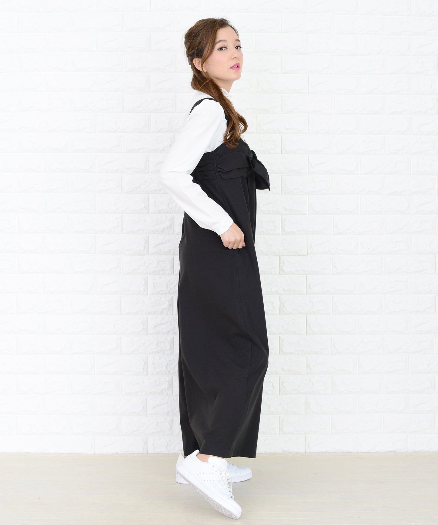 リボン付き サロペットワイドパンツ オールインワン・パンツ