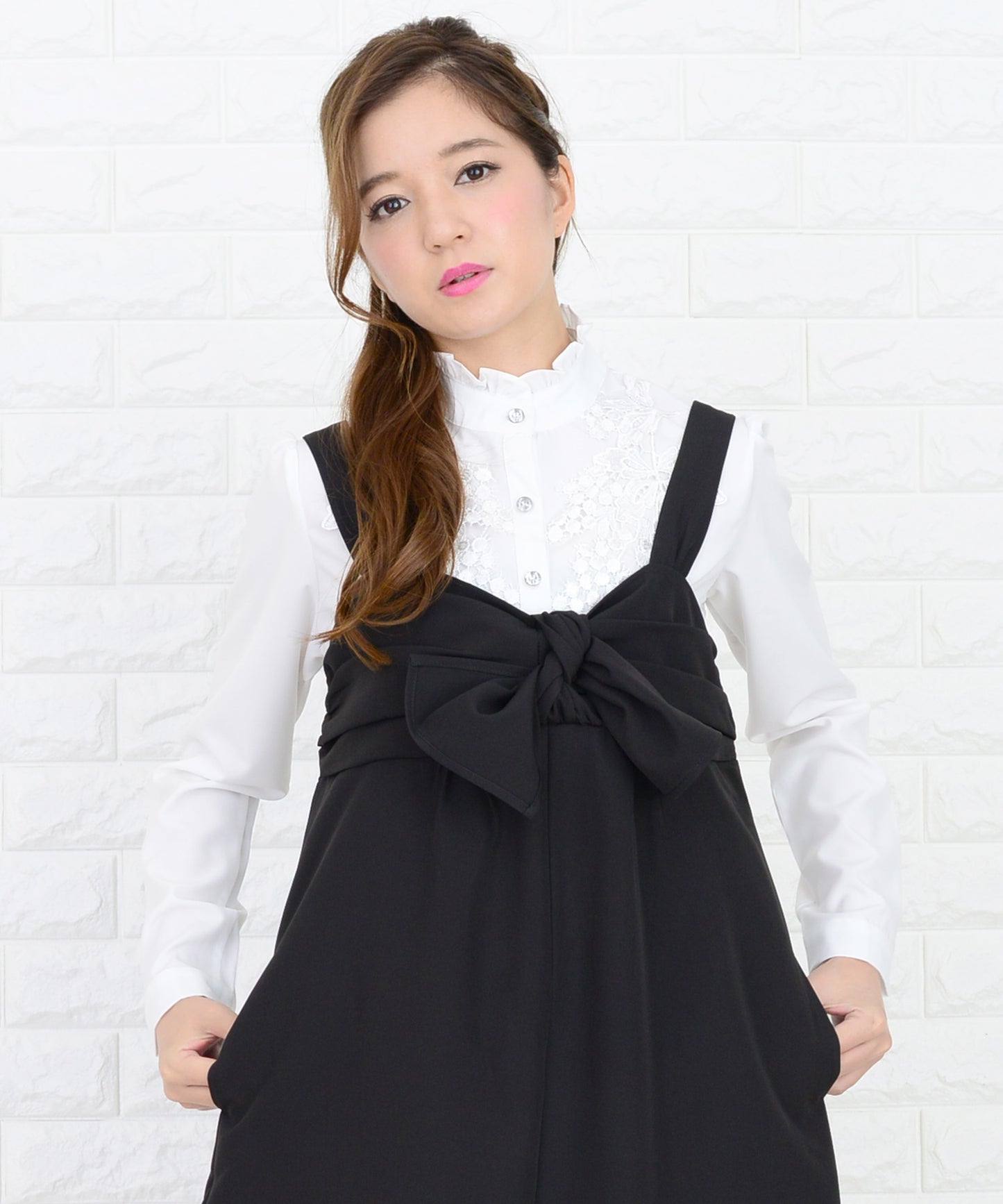 リボン付き サロペットワイドパンツ オールインワン・パンツ