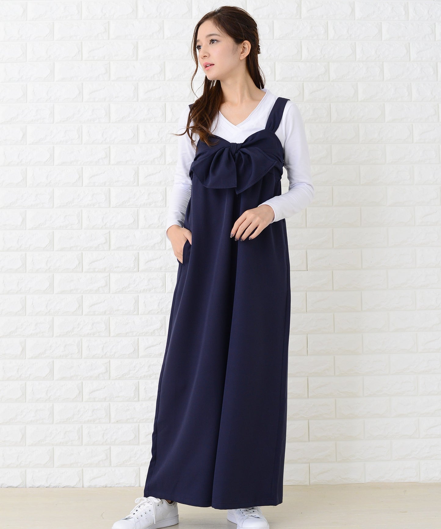 リボン付き サロペットワイドパンツ オールインワン・パンツ