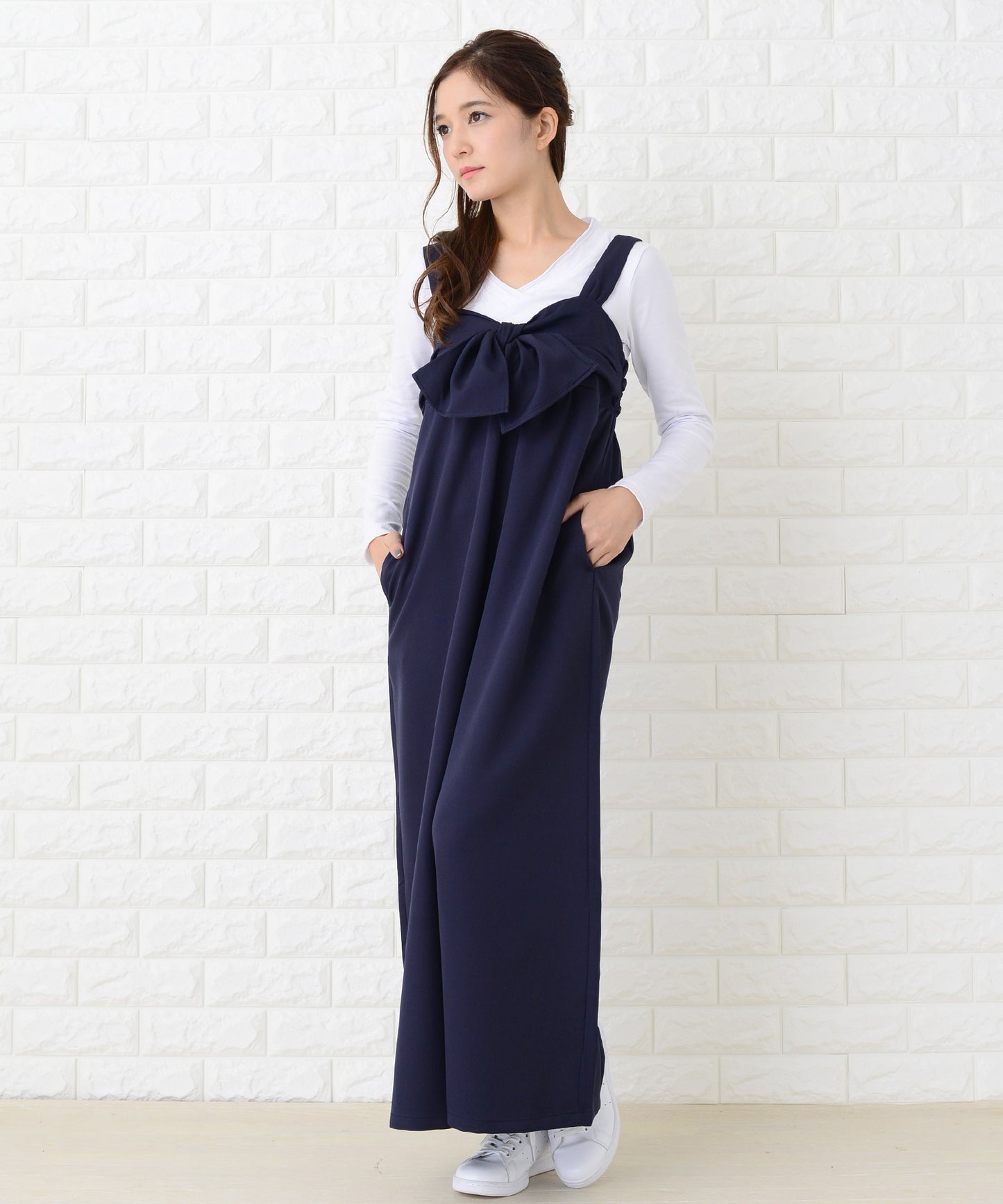 リボン付き サロペットワイドパンツ オールインワン・パンツ