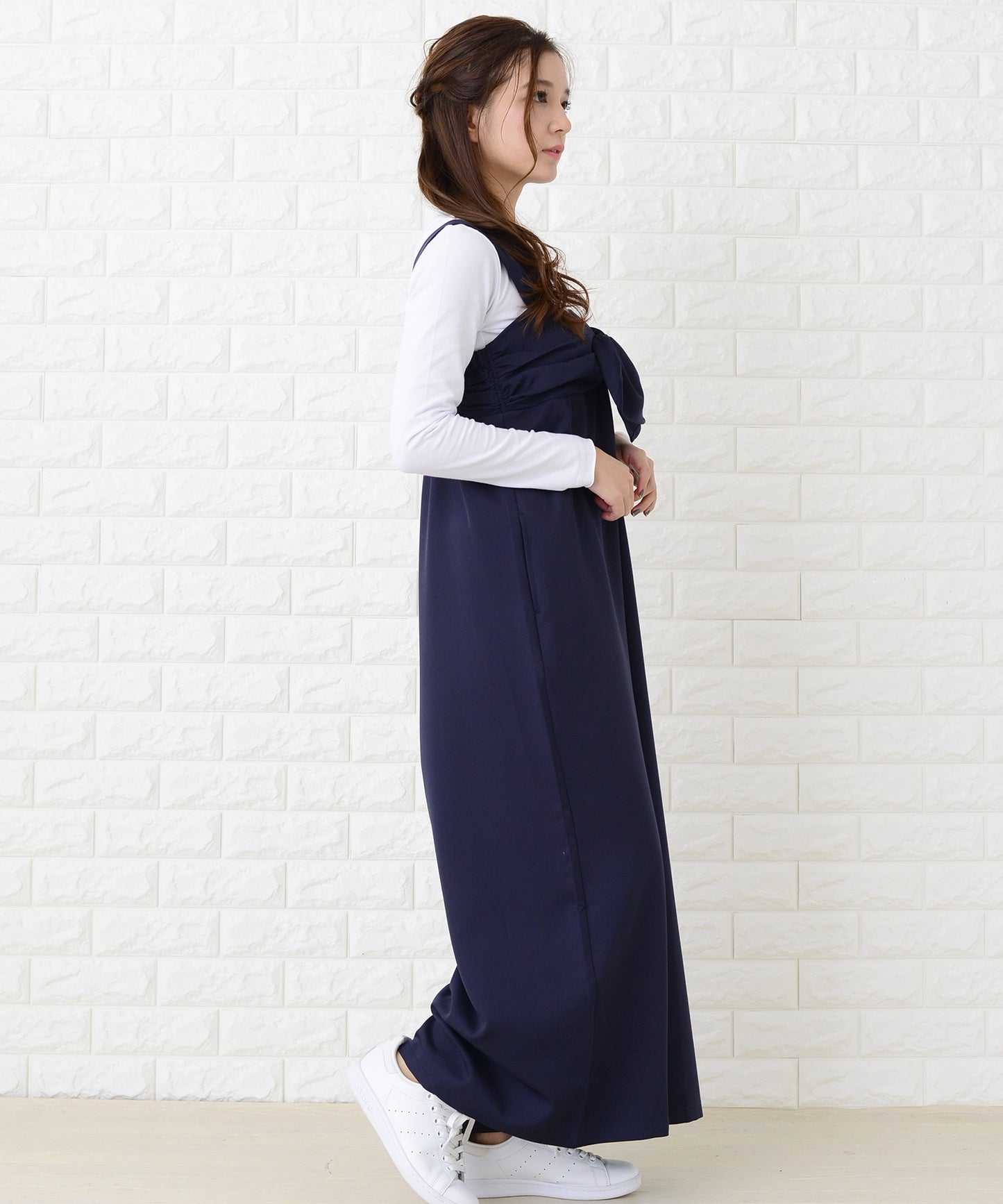 リボン付き サロペットワイドパンツ オールインワン・パンツ