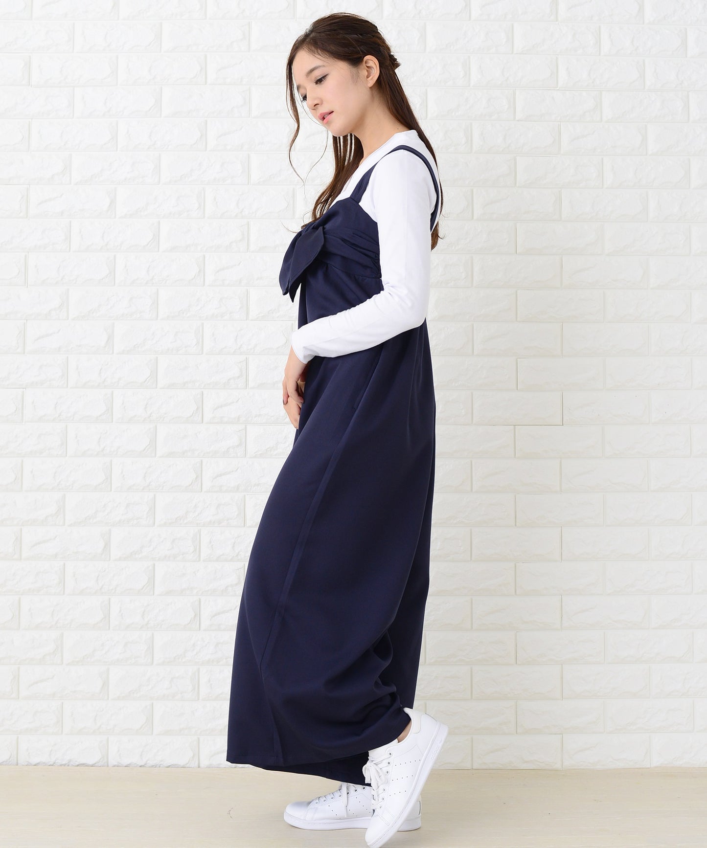 リボン付き サロペットワイドパンツ オールインワン・パンツ