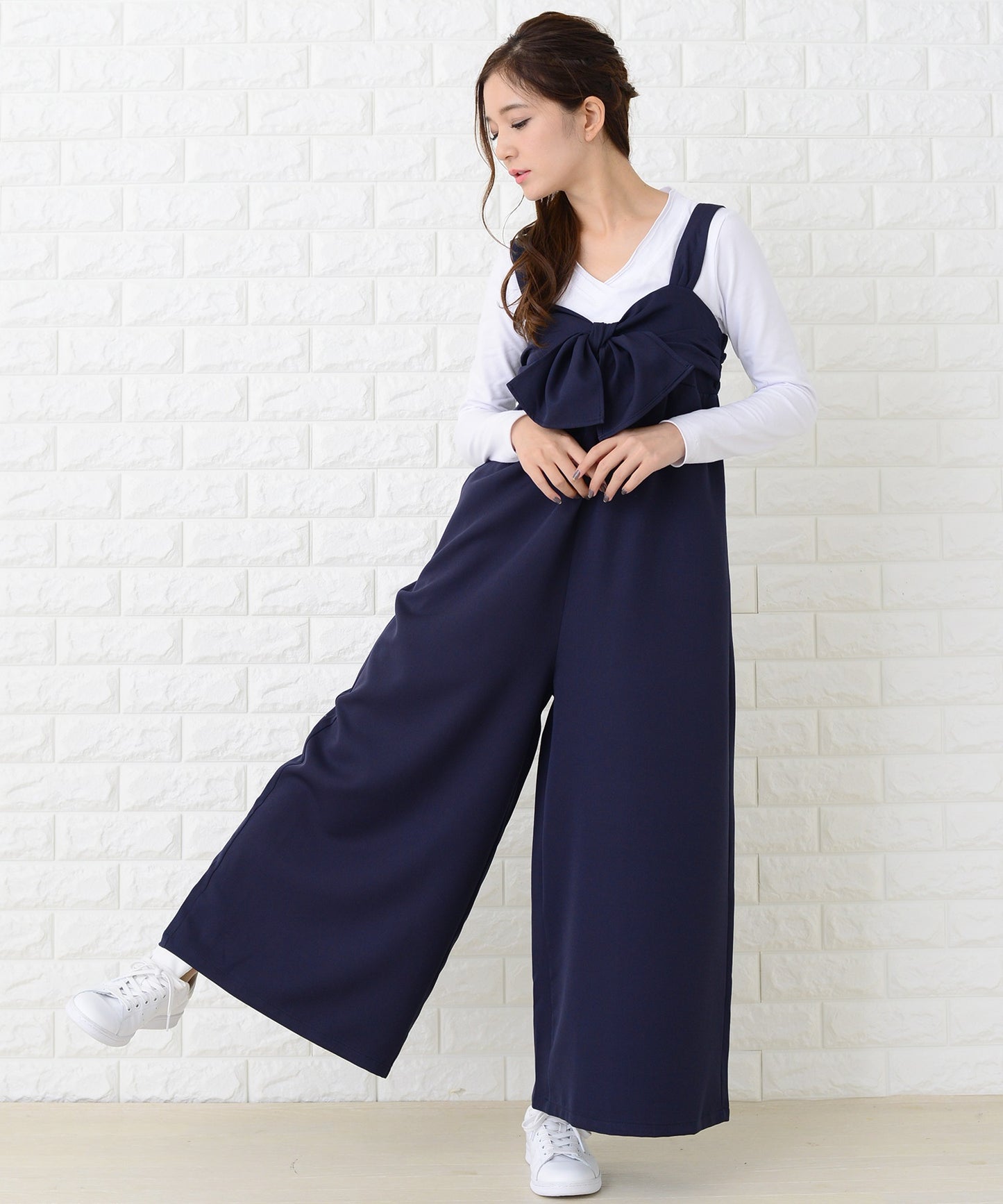 リボン付き サロペットワイドパンツ オールインワン・パンツ