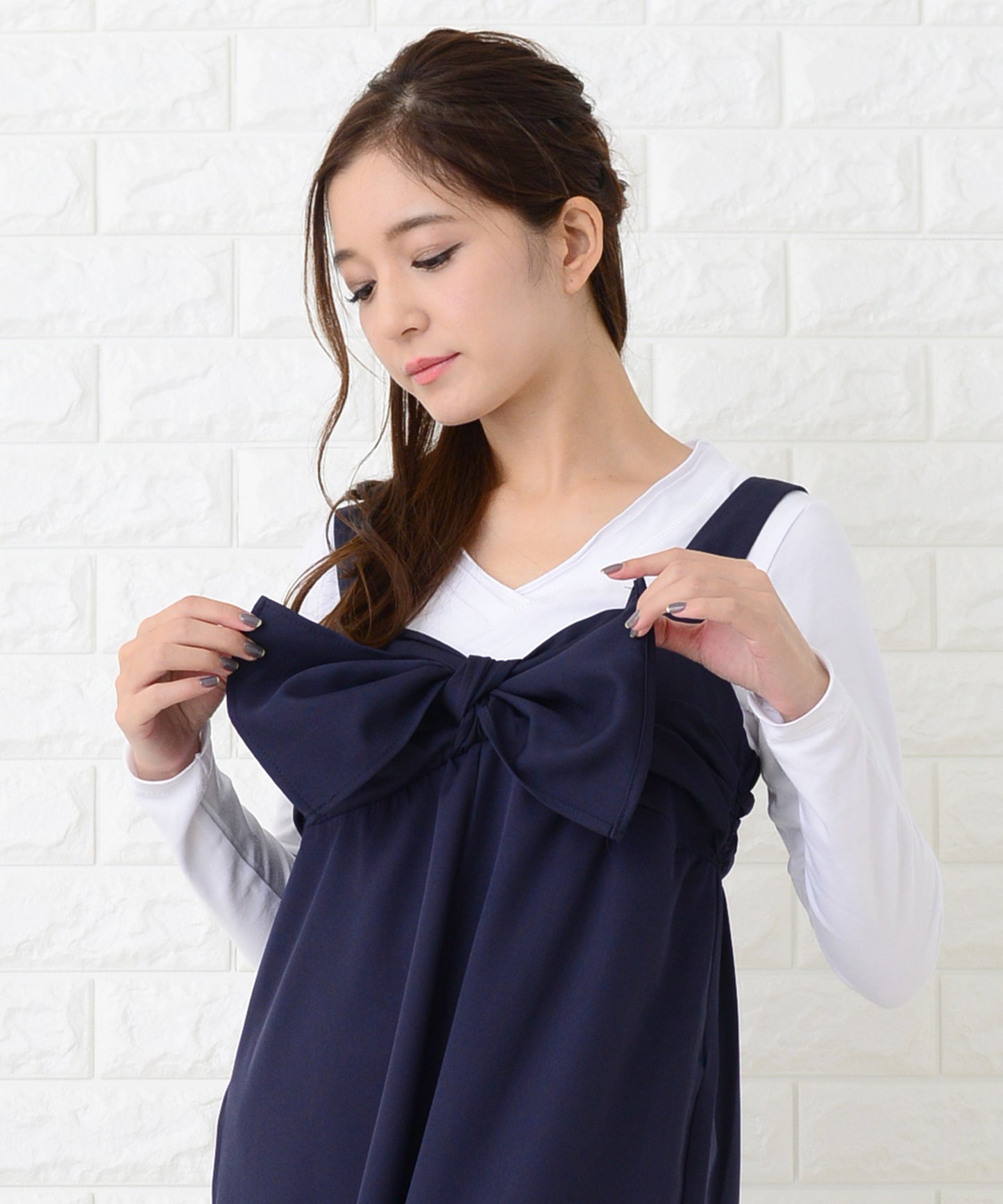 リボン付き サロペットワイドパンツ オールインワン・パンツ