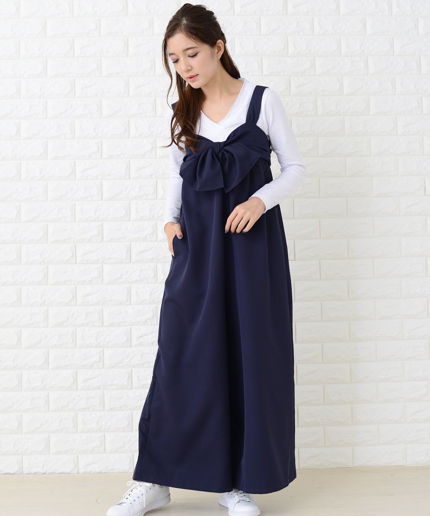リボン付き サロペットワイドパンツ オールインワン・パンツ