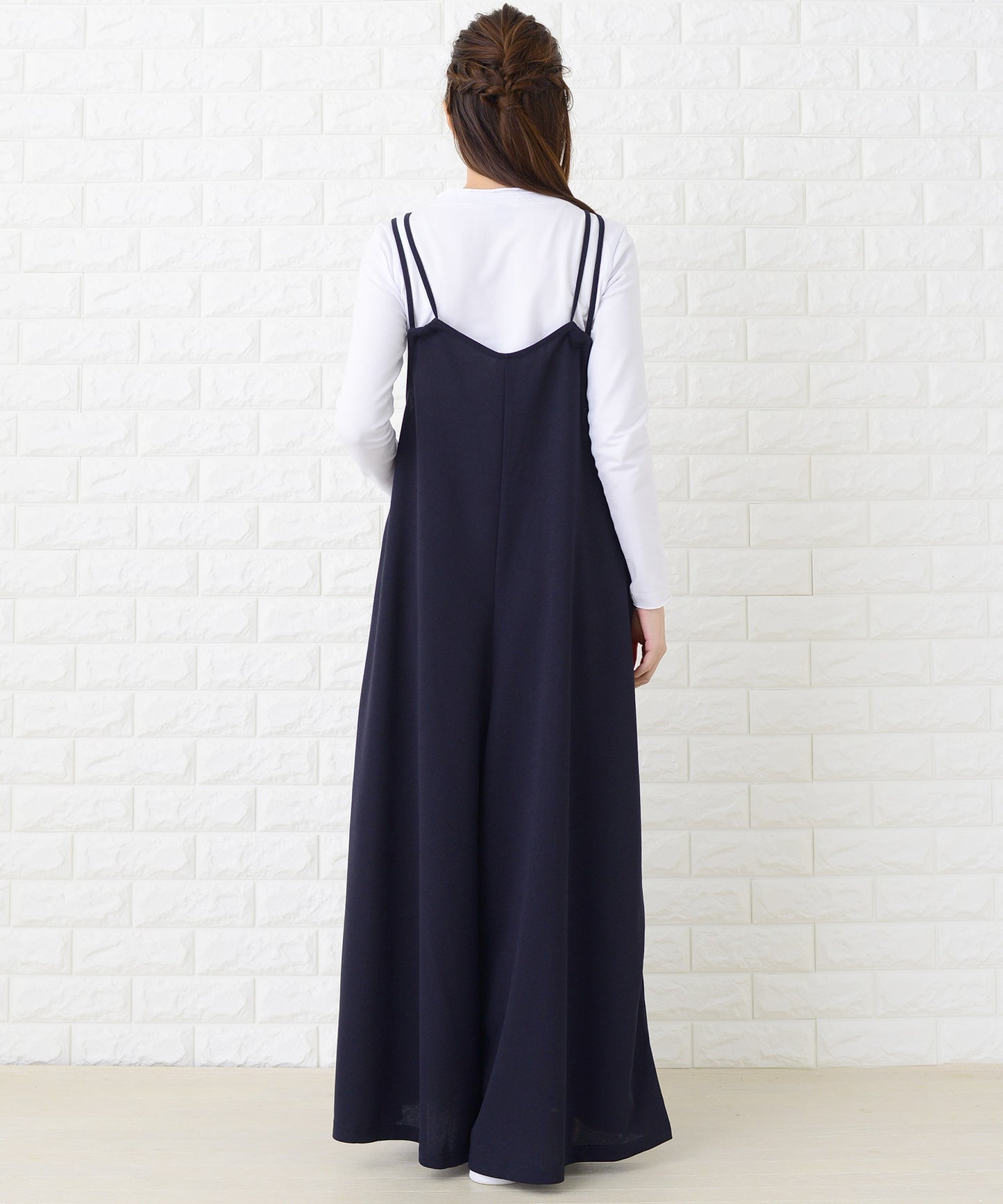 肩ひもリボン付き サロペットワイドパンツ オールインワン・パンツ