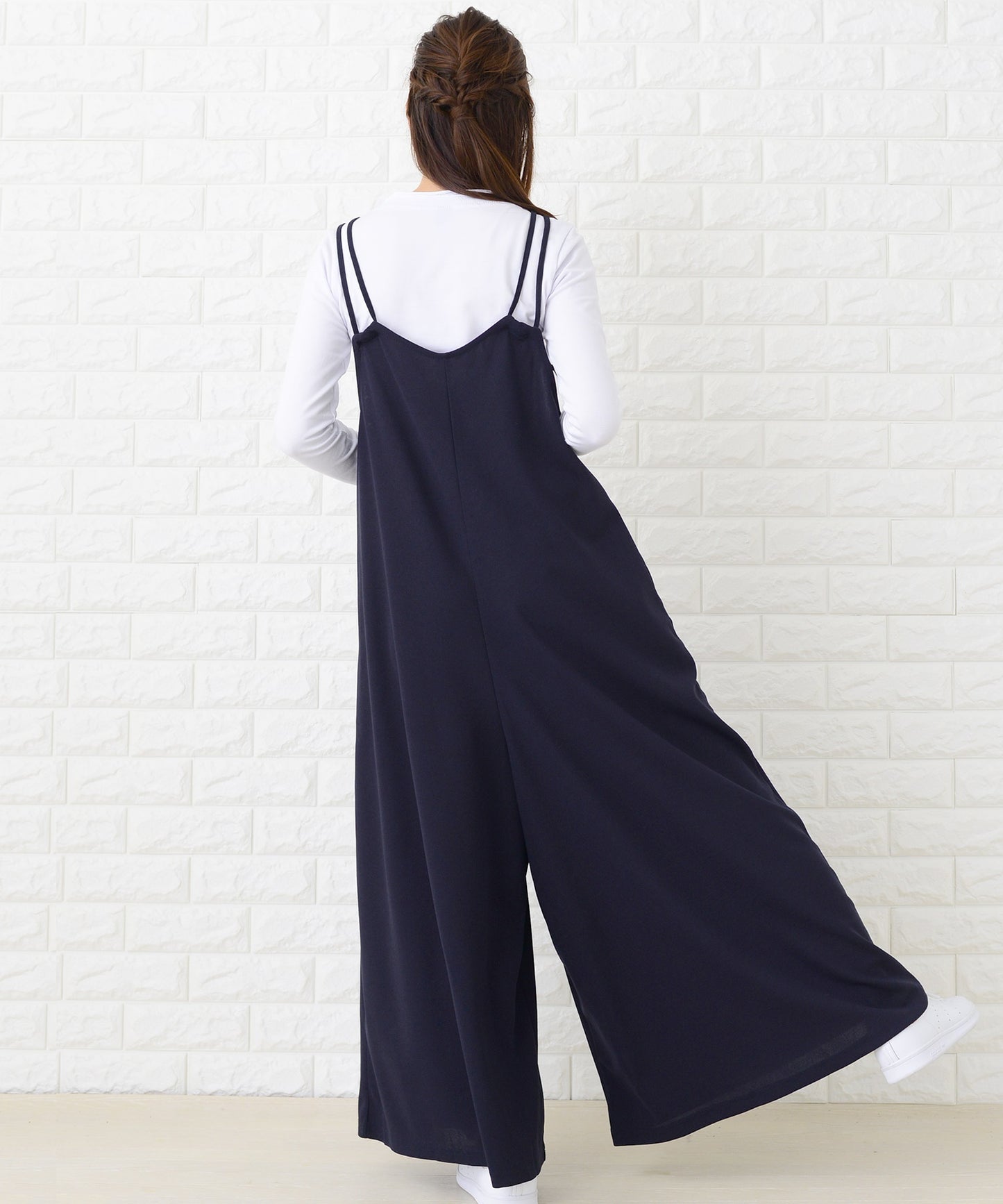 肩ひもリボン付き サロペットワイドパンツ オールインワン・パンツ