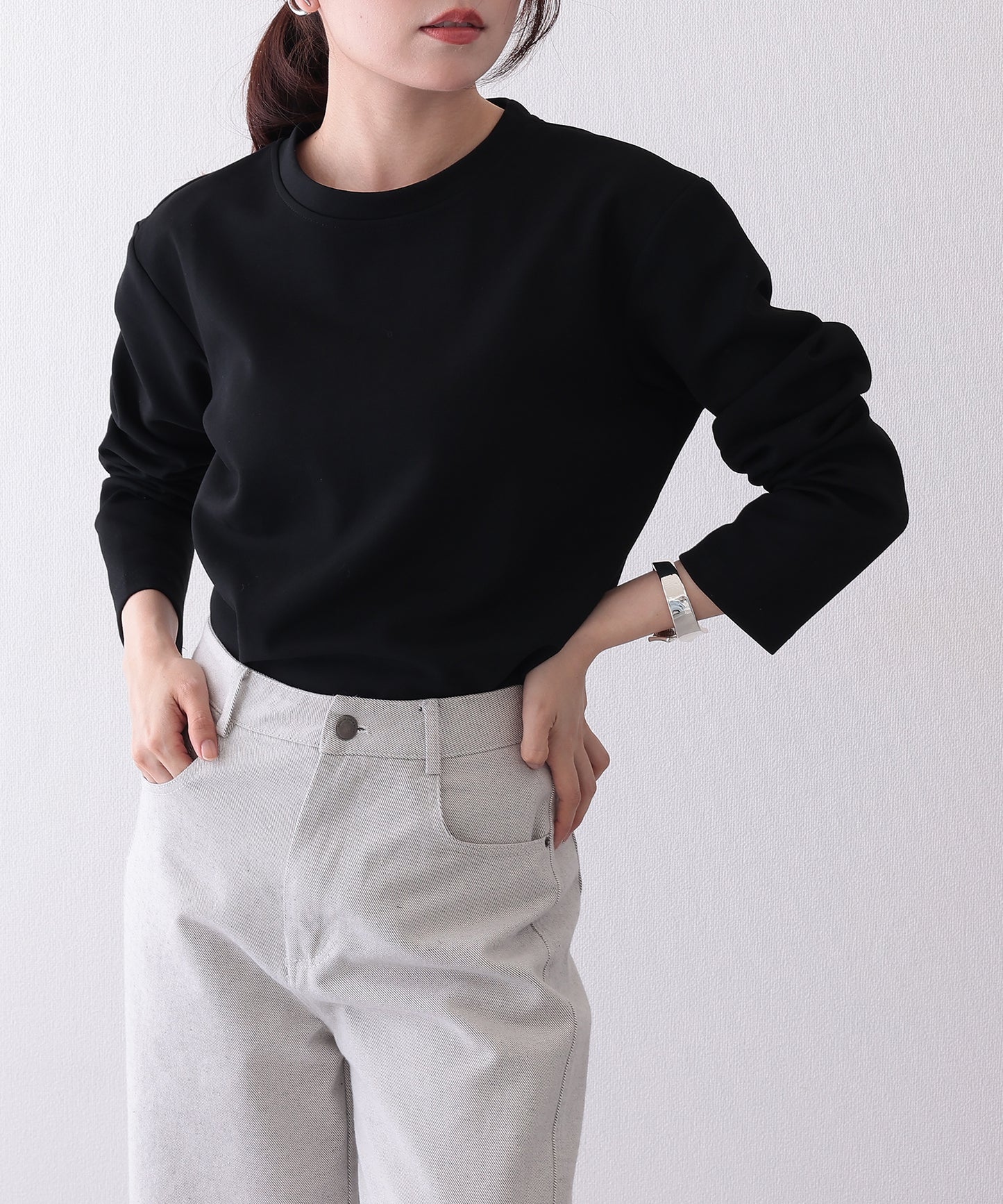 ソリッドカラー クルーネック 長袖 ベーシック Tシャツ