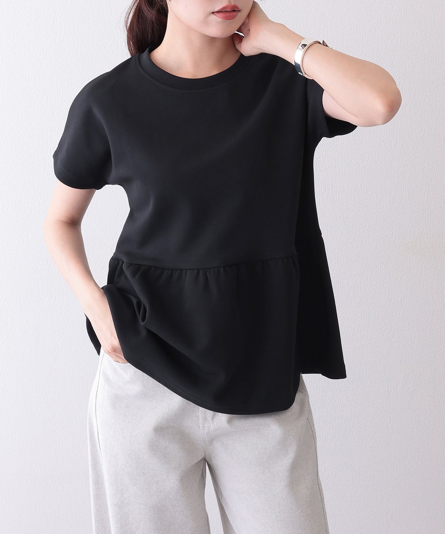 ソリッドカラー クルーネック ペプラム 半袖 Tシャツ