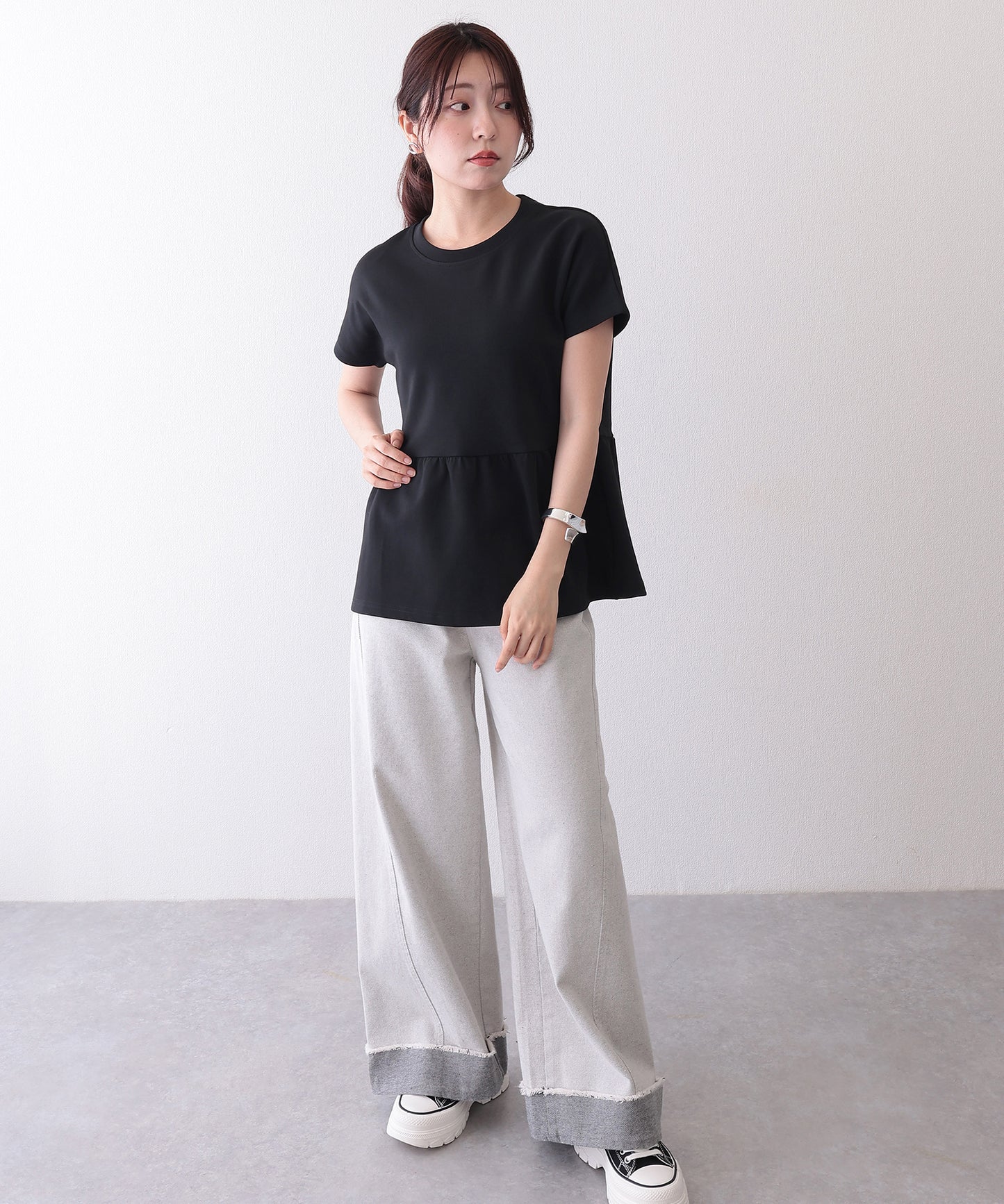ソリッドカラー クルーネック ペプラム 半袖 Tシャツ