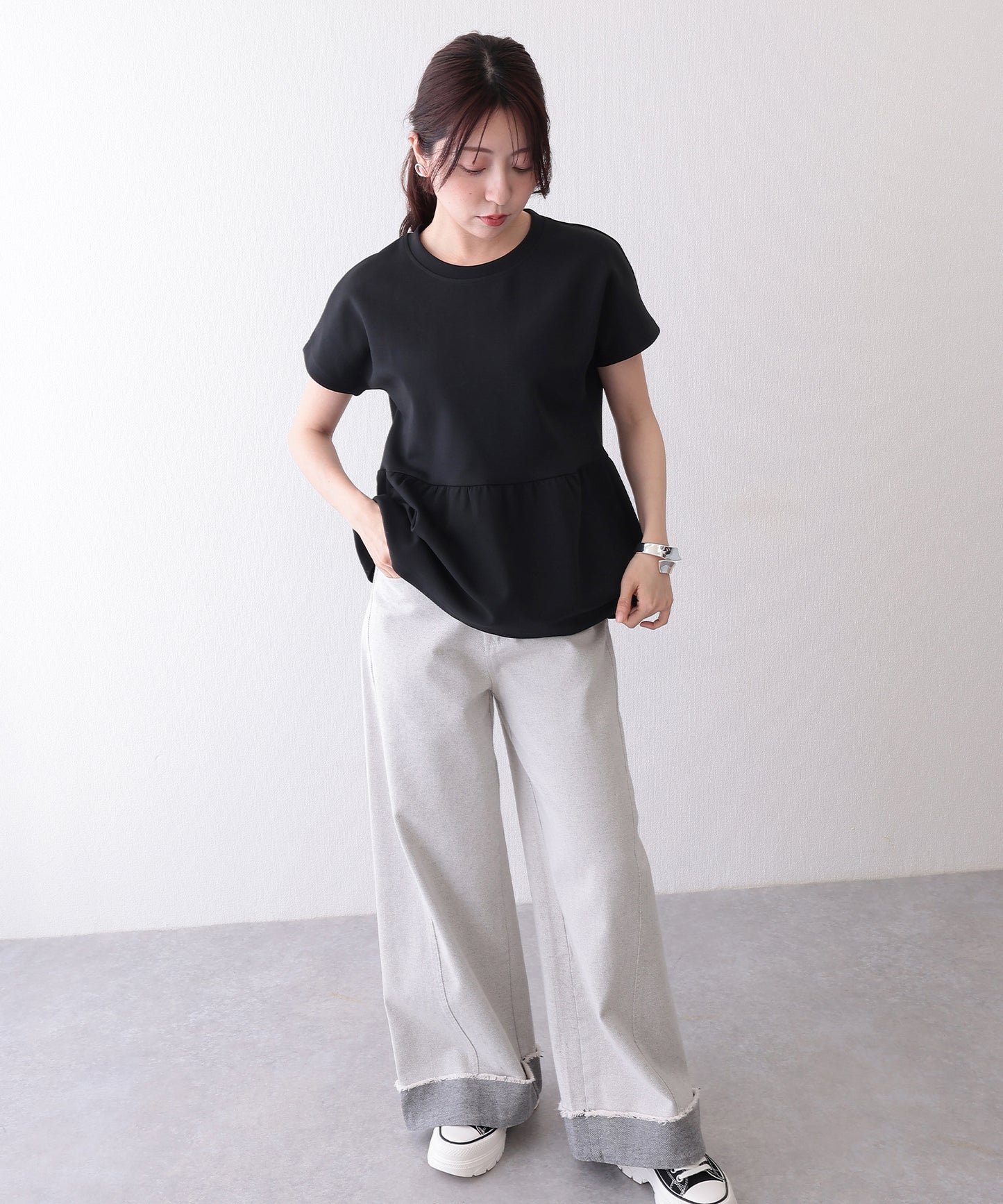 ソリッドカラー クルーネック ペプラム 半袖 Tシャツ
