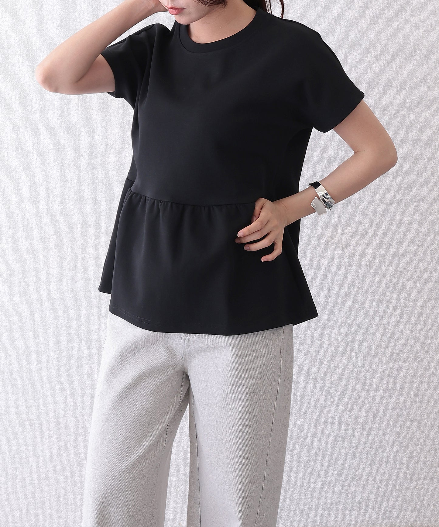 ソリッドカラー クルーネック ペプラム 半袖 Tシャツ