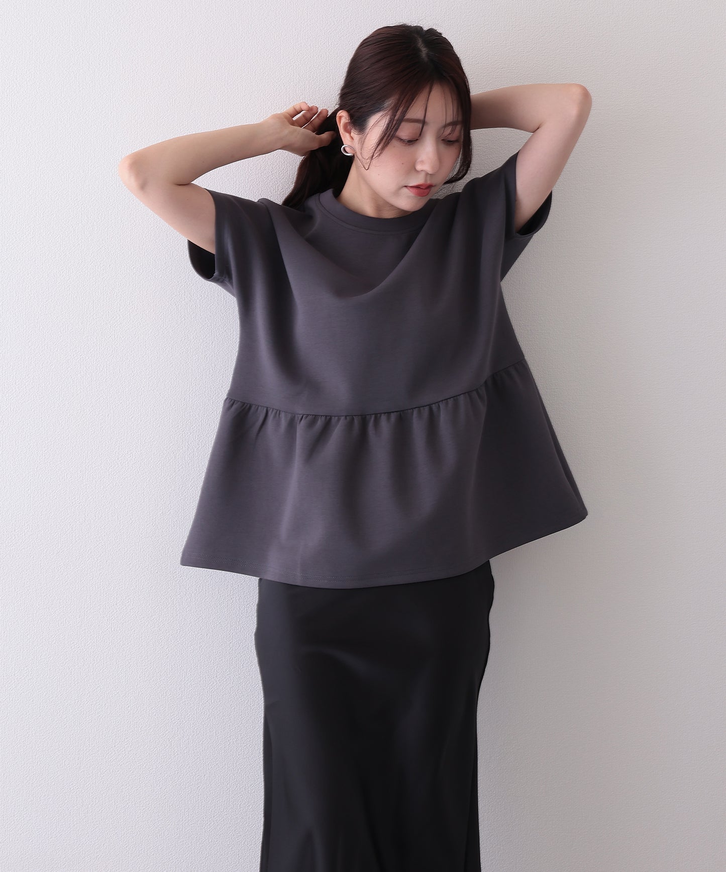 ソリッドカラー クルーネック ペプラム 半袖 Tシャツ