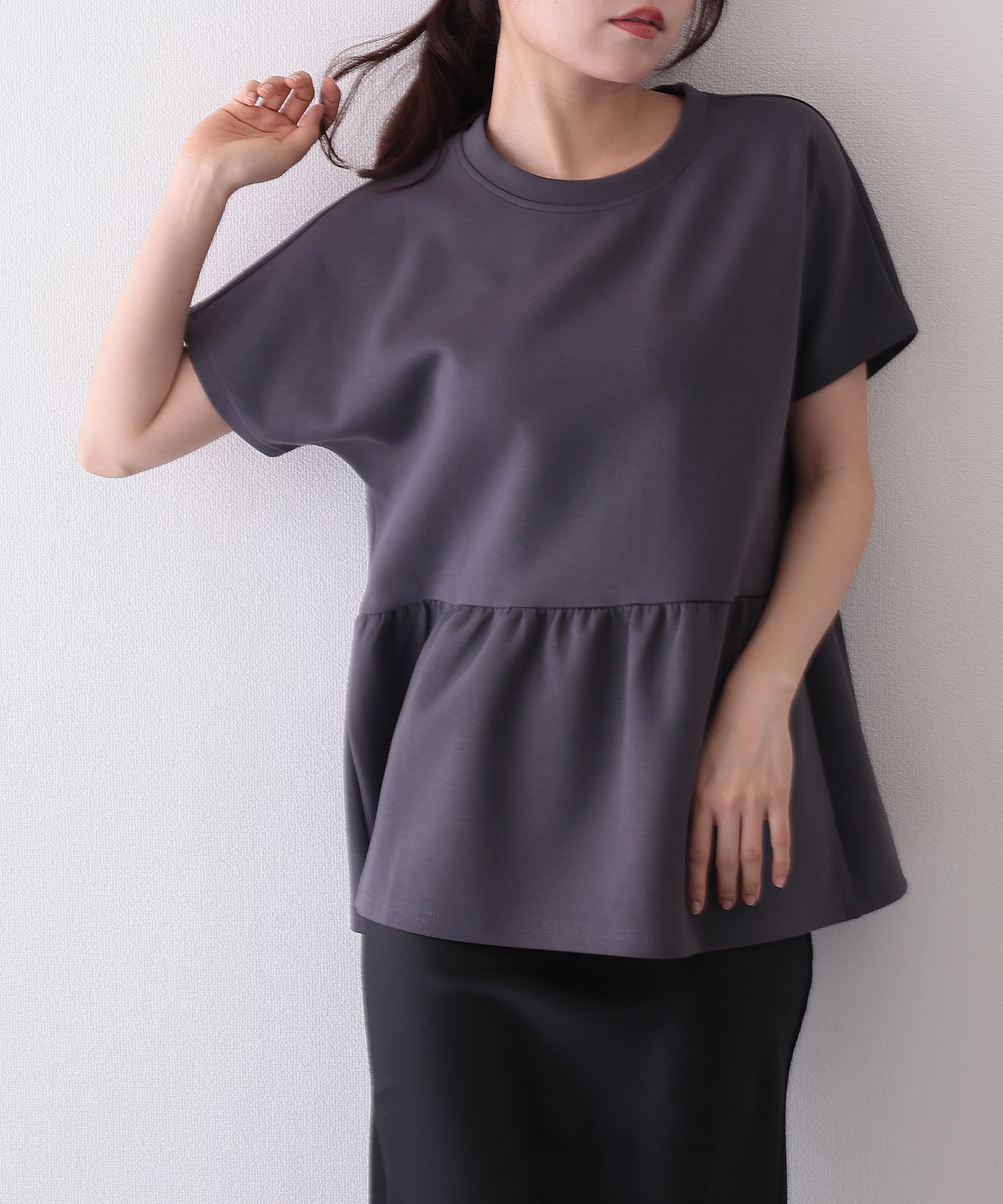 ソリッドカラー クルーネック ペプラム 半袖 Tシャツ