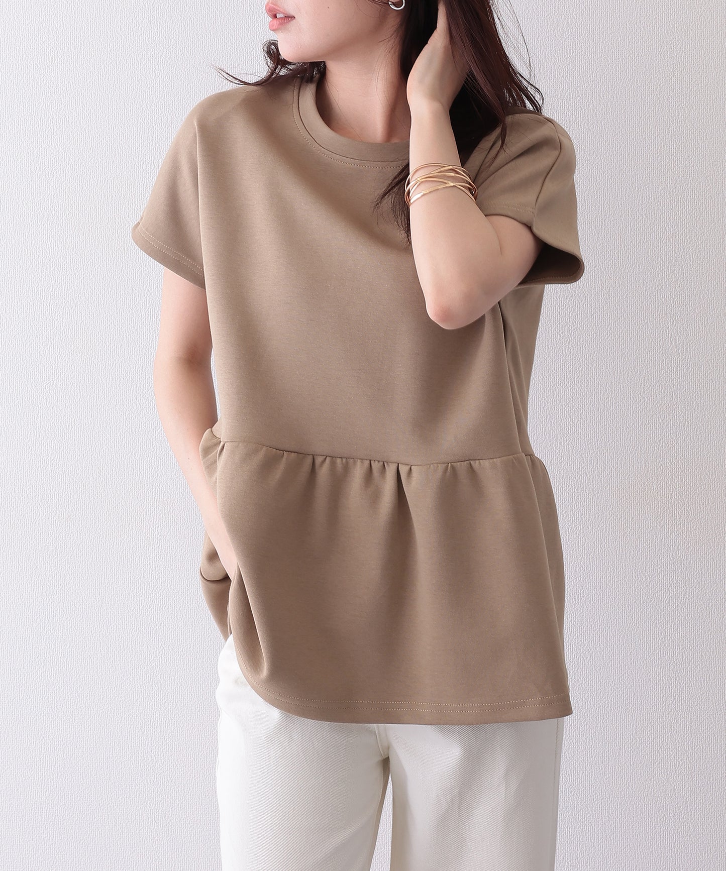 ソリッドカラー クルーネック ペプラム 半袖 Tシャツ