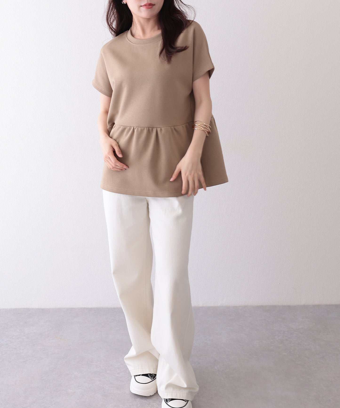ソリッドカラー クルーネック ペプラム 半袖 Tシャツ