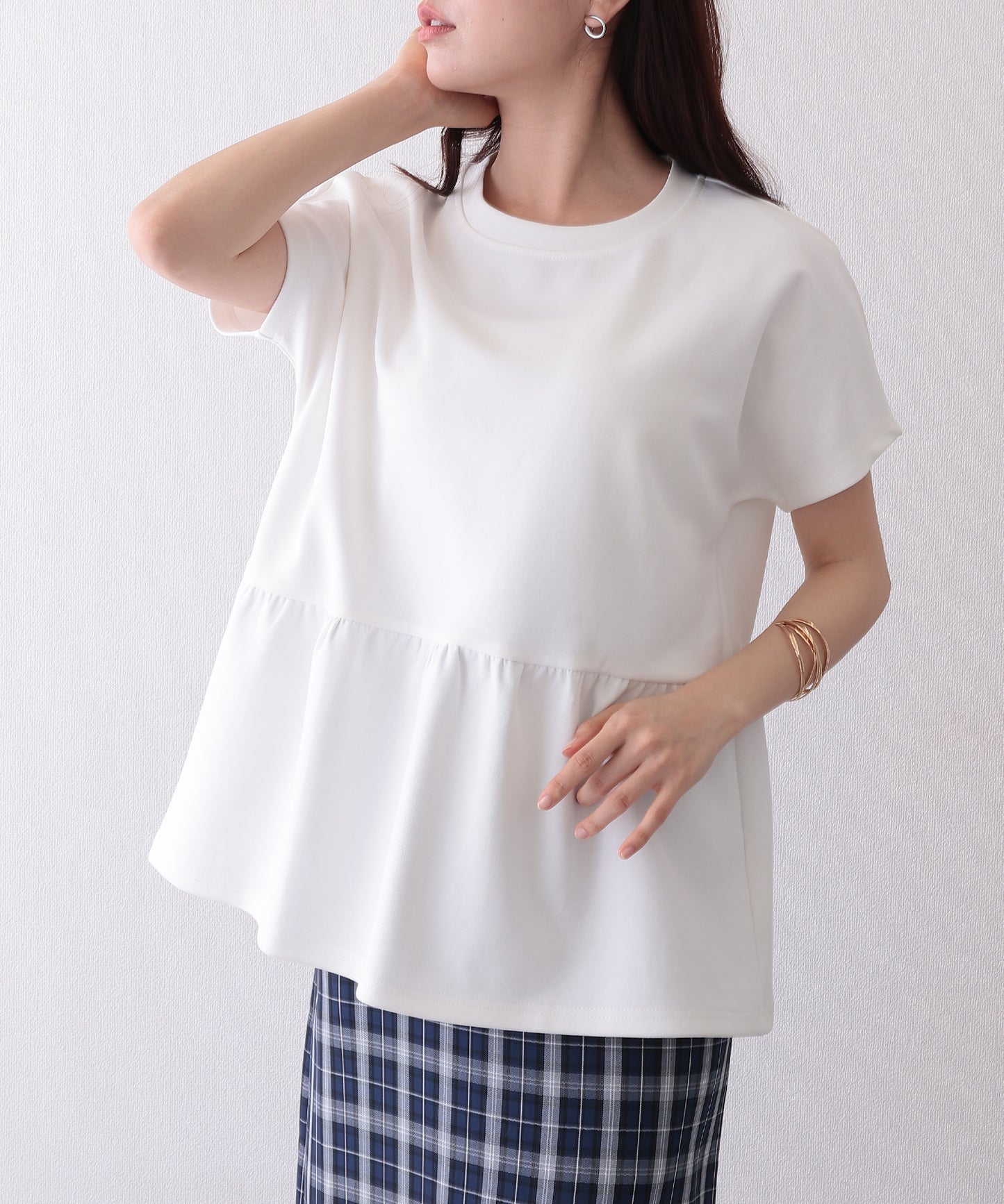 ソリッドカラー クルーネック ペプラム 半袖 Tシャツ