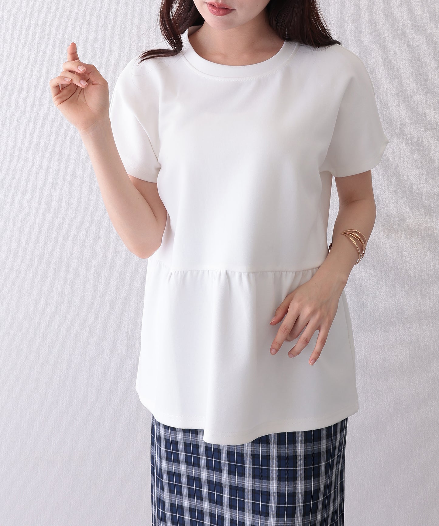 ソリッドカラー クルーネック ペプラム 半袖 Tシャツ