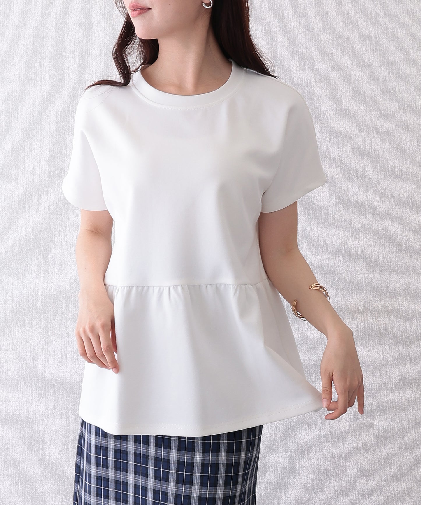 ソリッドカラー クルーネック ペプラム 半袖 Tシャツ