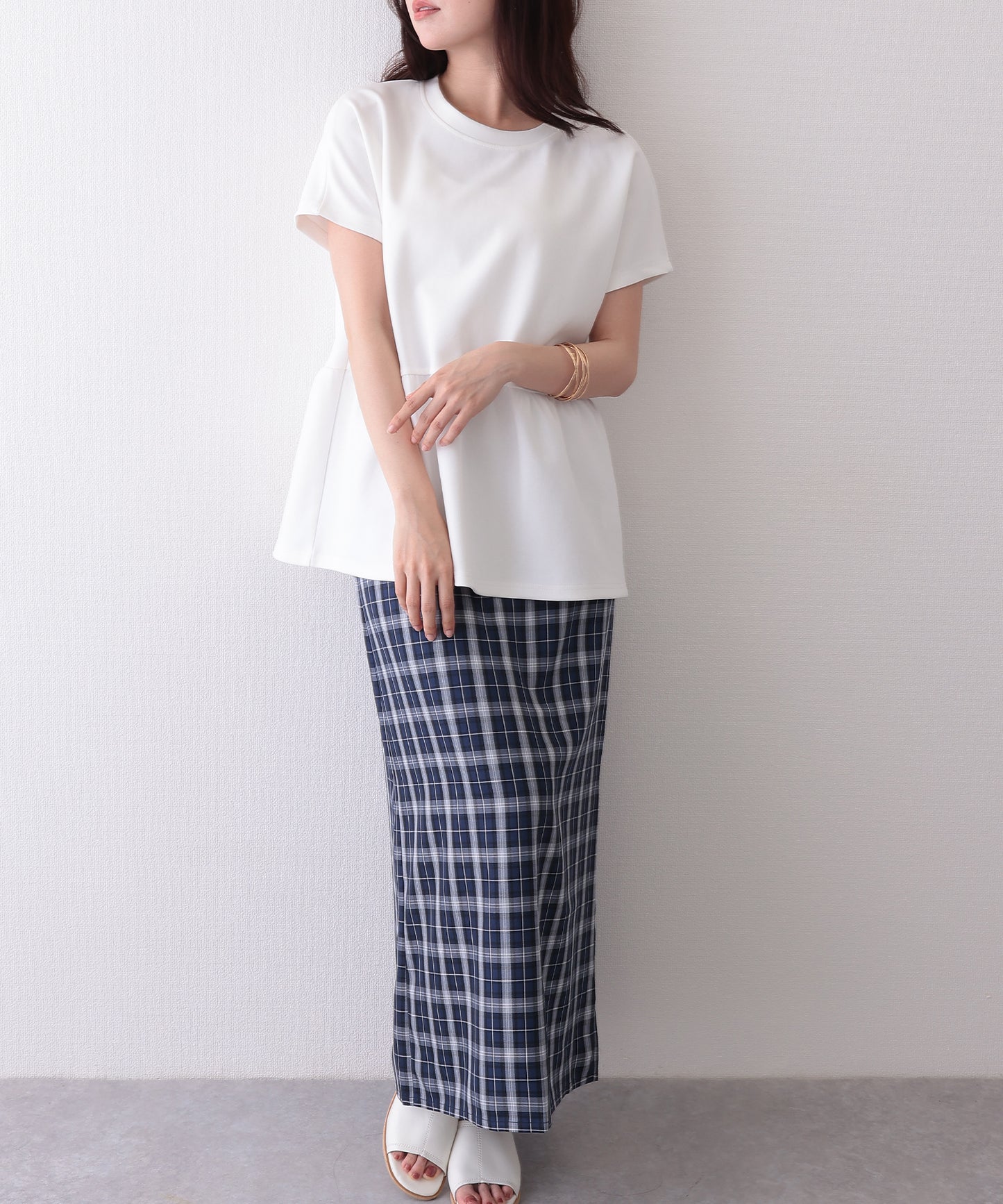 ソリッドカラー クルーネック ペプラム 半袖 Tシャツ
