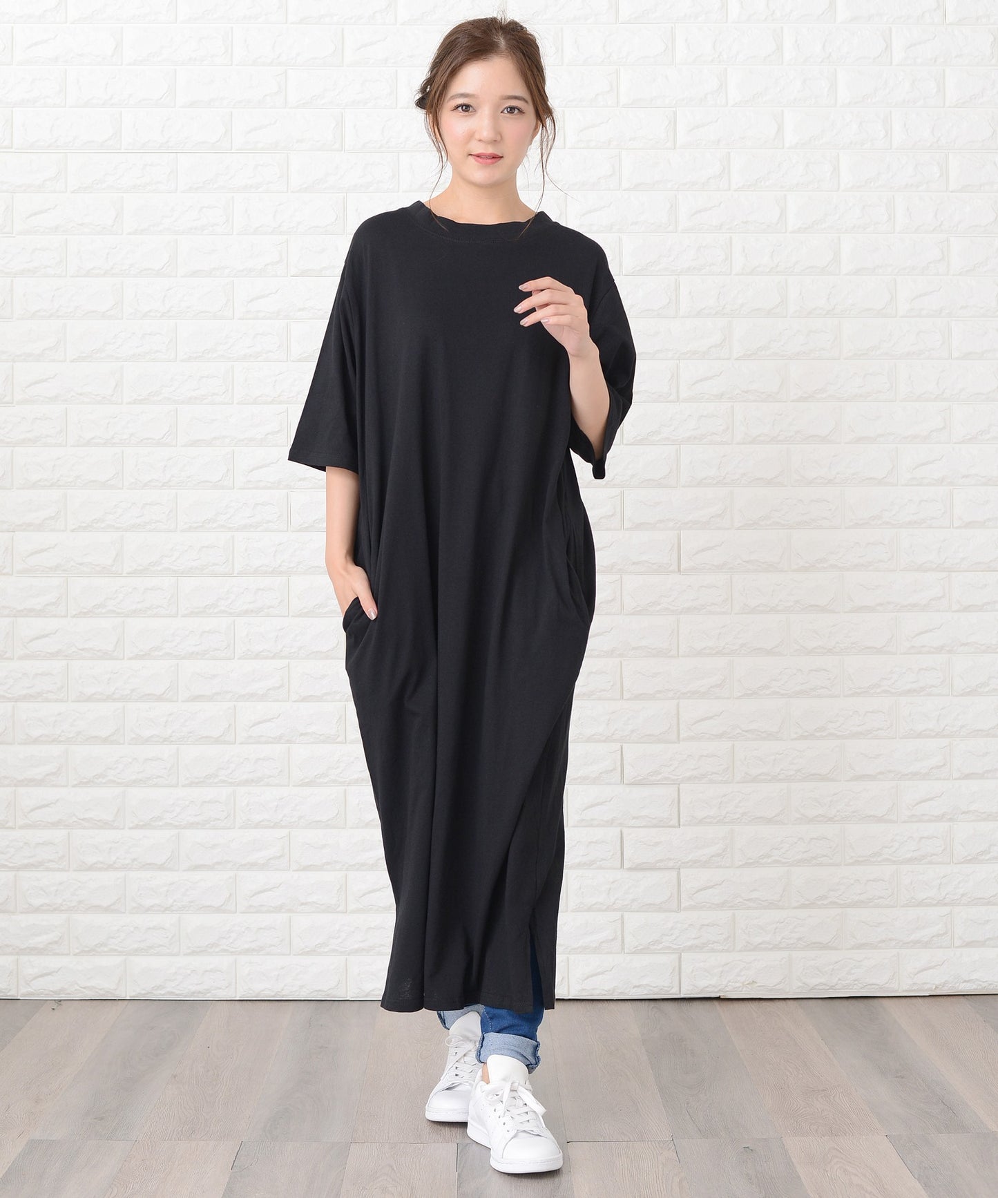 シンプル無地半袖ロングTシャツワンピース