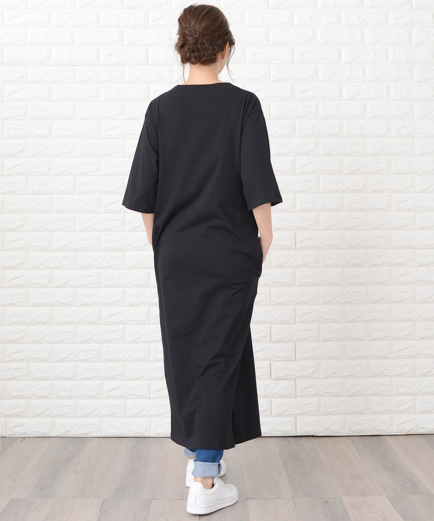 シンプル無地半袖ロングTシャツワンピース
