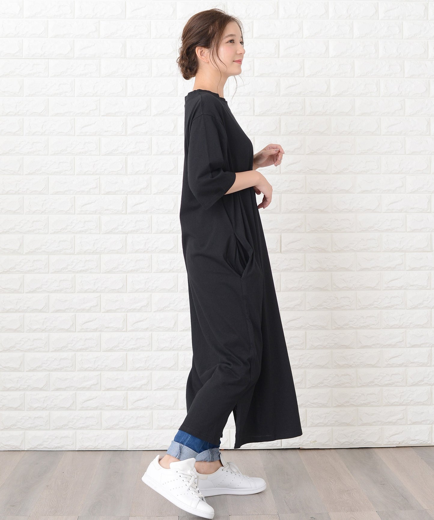 シンプル無地半袖ロングTシャツワンピース