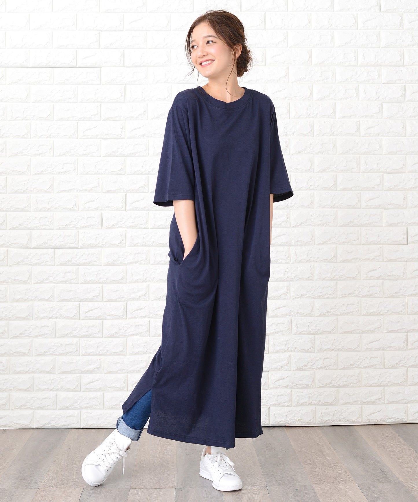 シンプル無地半袖ロングTシャツワンピース