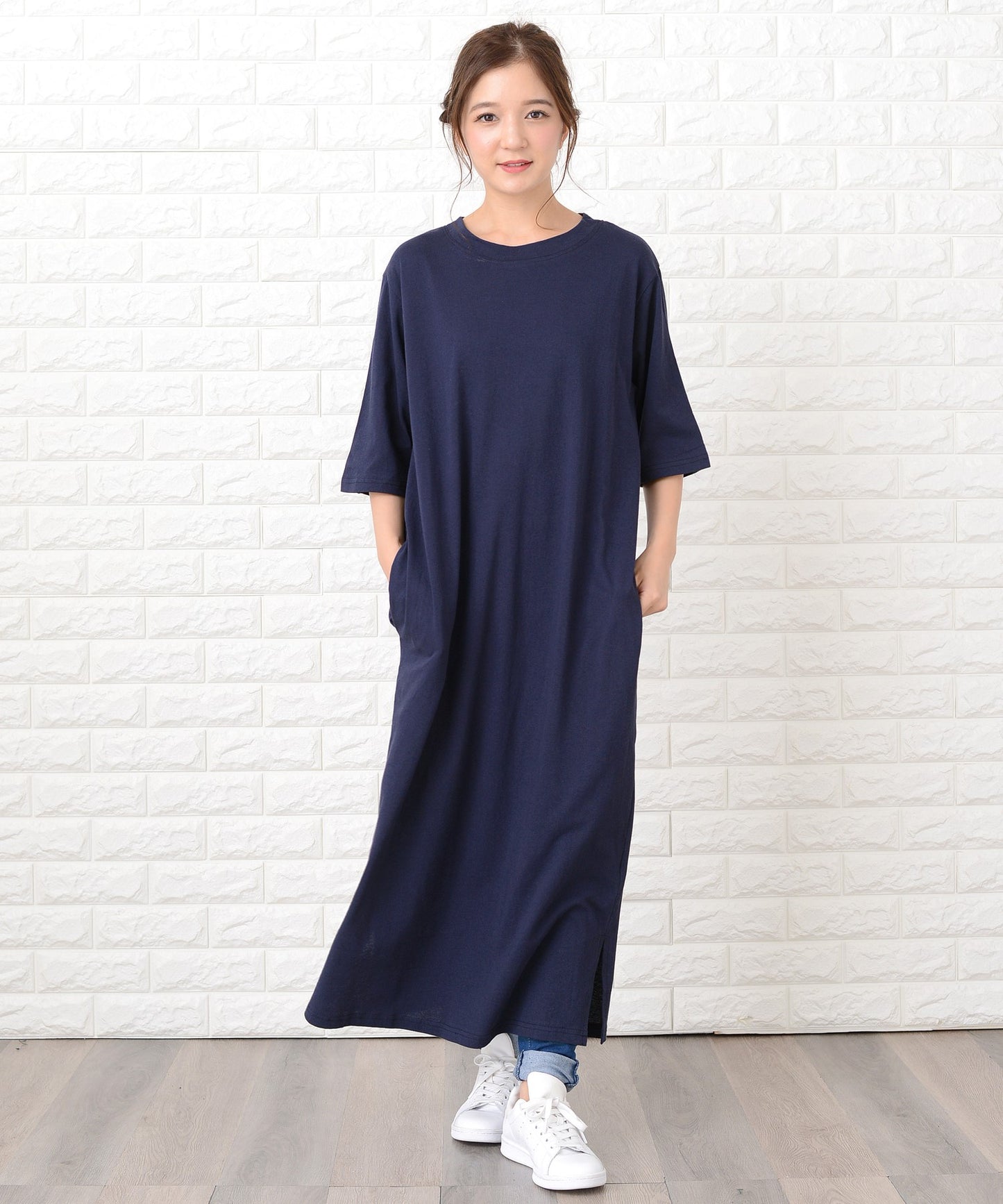 シンプル無地半袖ロングTシャツワンピース