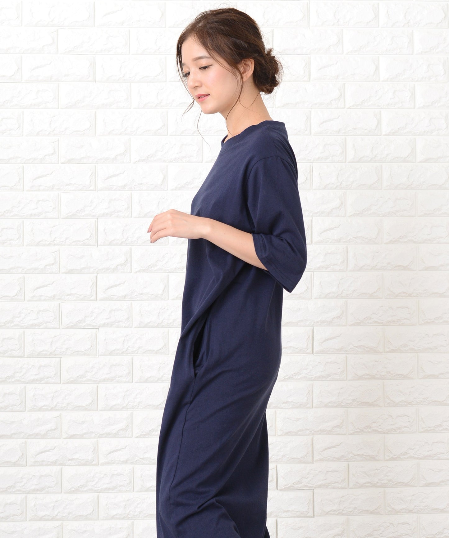 シンプル無地半袖ロングTシャツワンピース