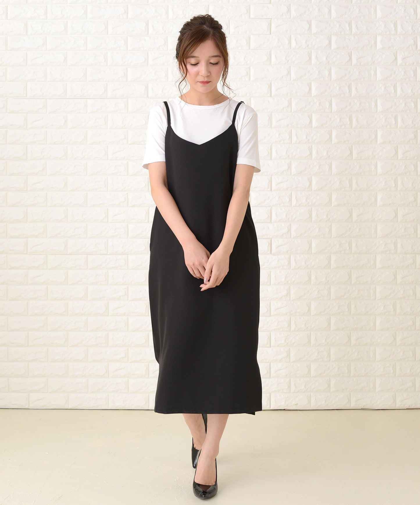 ノースリーブ ゆったり 裾スリット ロングキャミワンピース