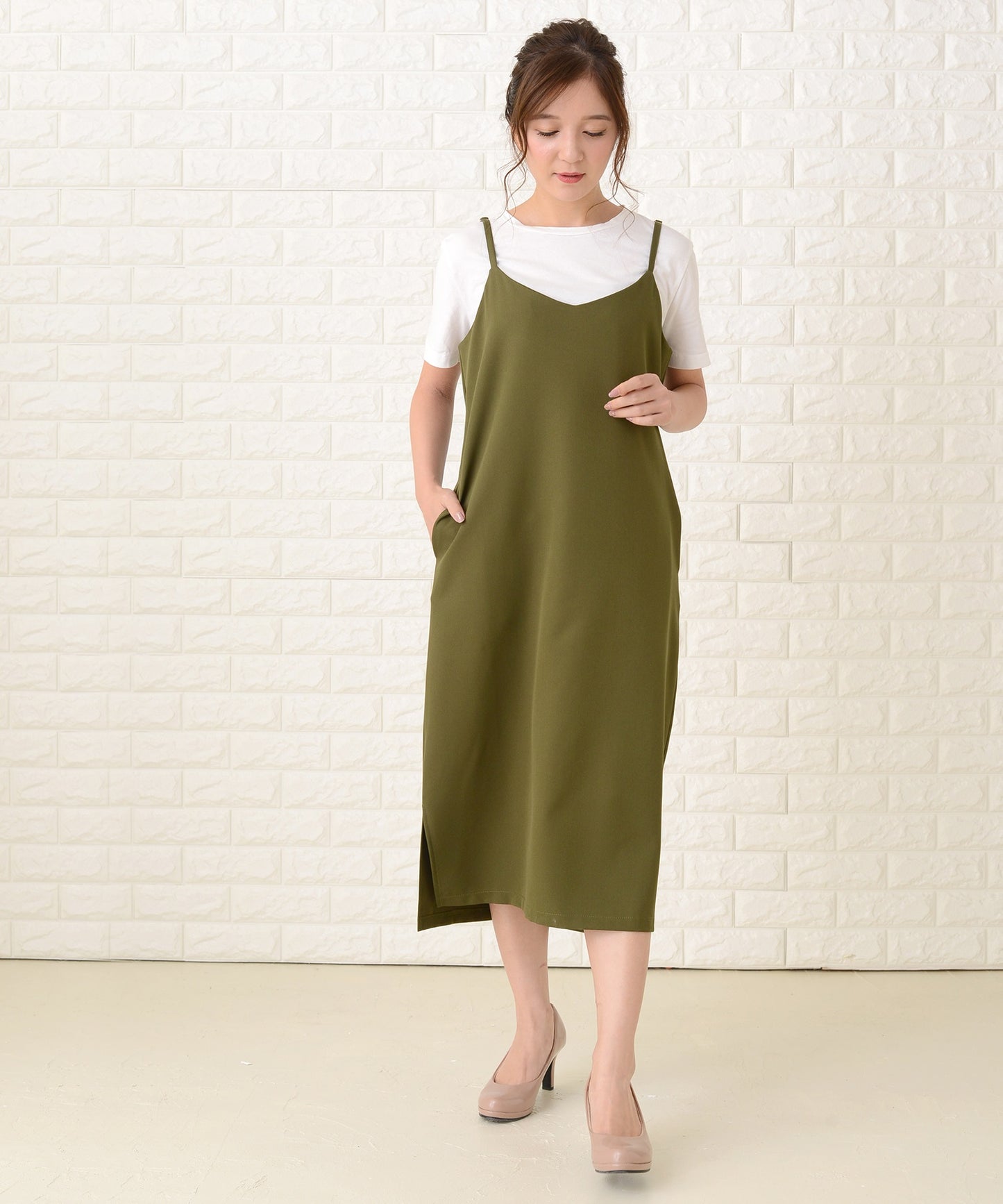 ノースリーブ ゆったり 裾スリット ロングキャミワンピース