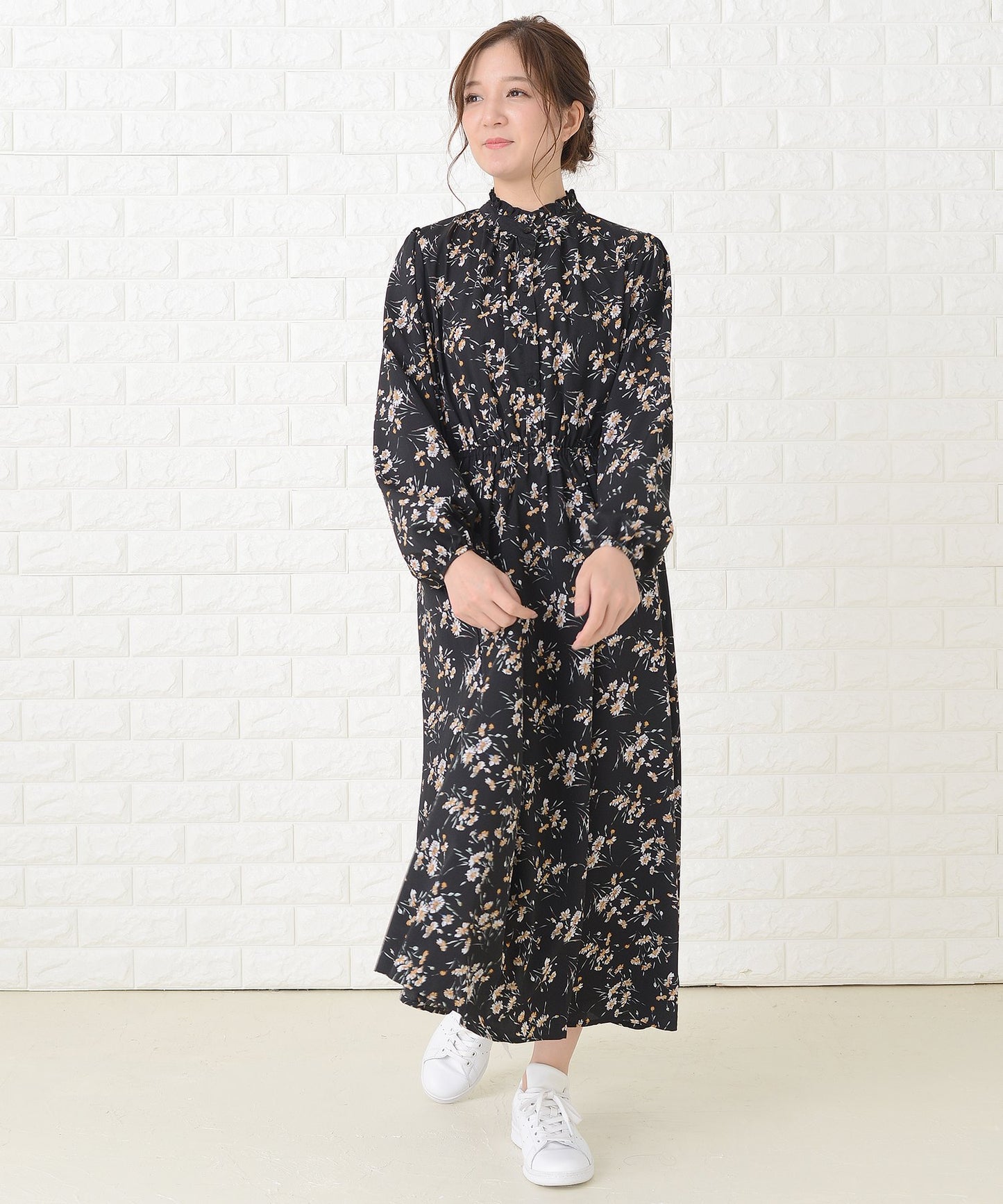 花柄フレア 長袖ロングワンピース