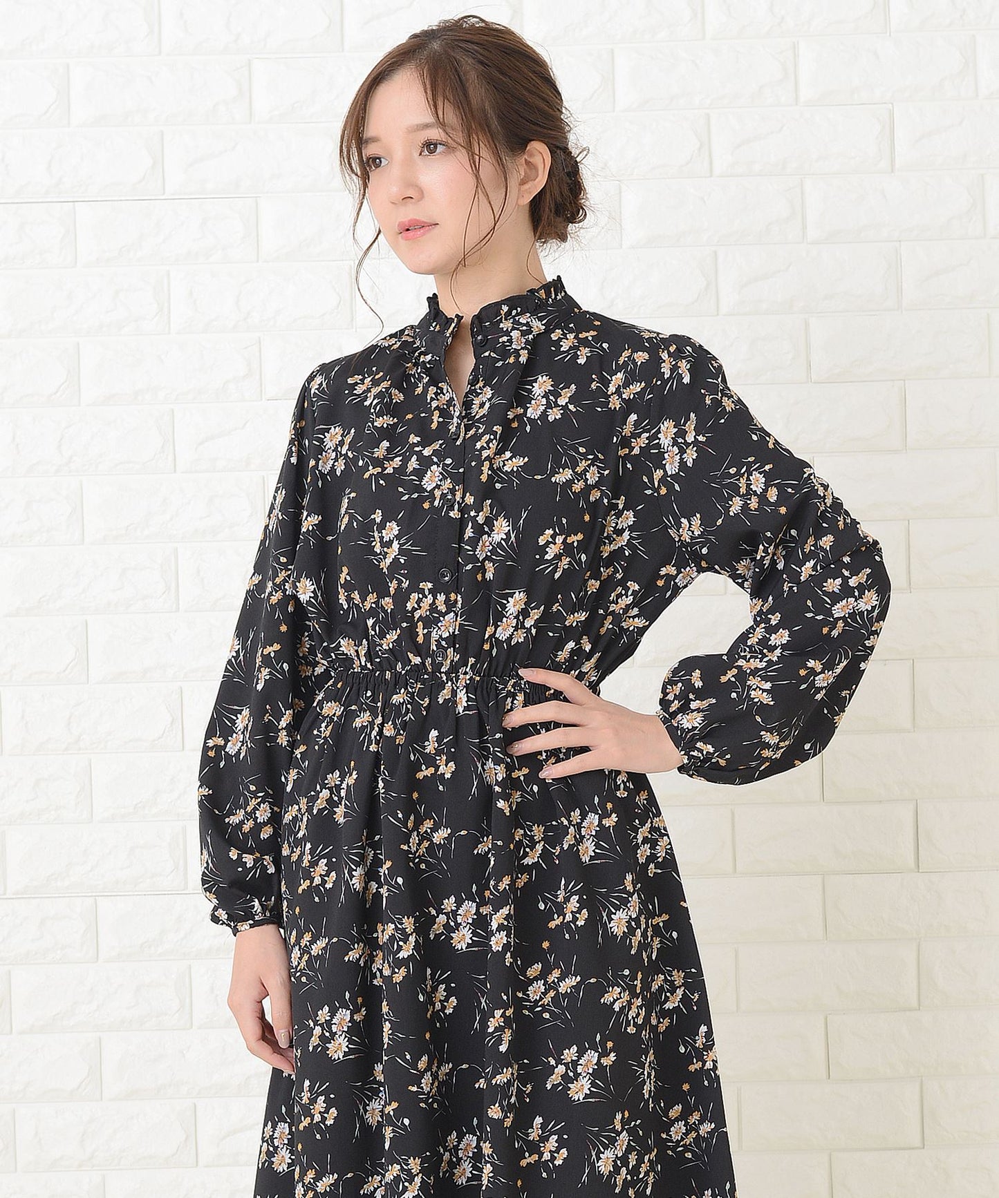 花柄フレア 長袖ロングワンピース