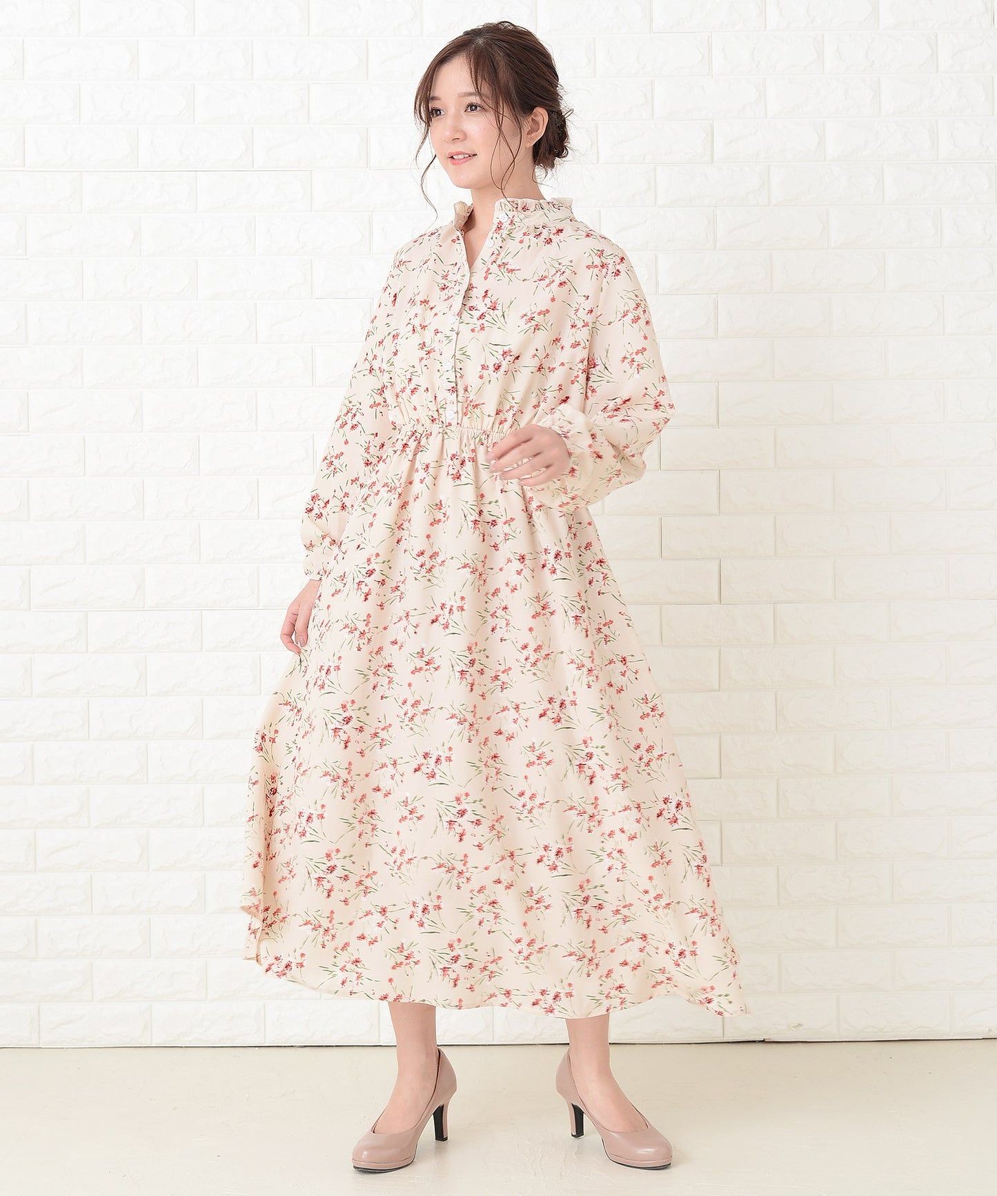 花柄フレア 長袖ロングワンピース