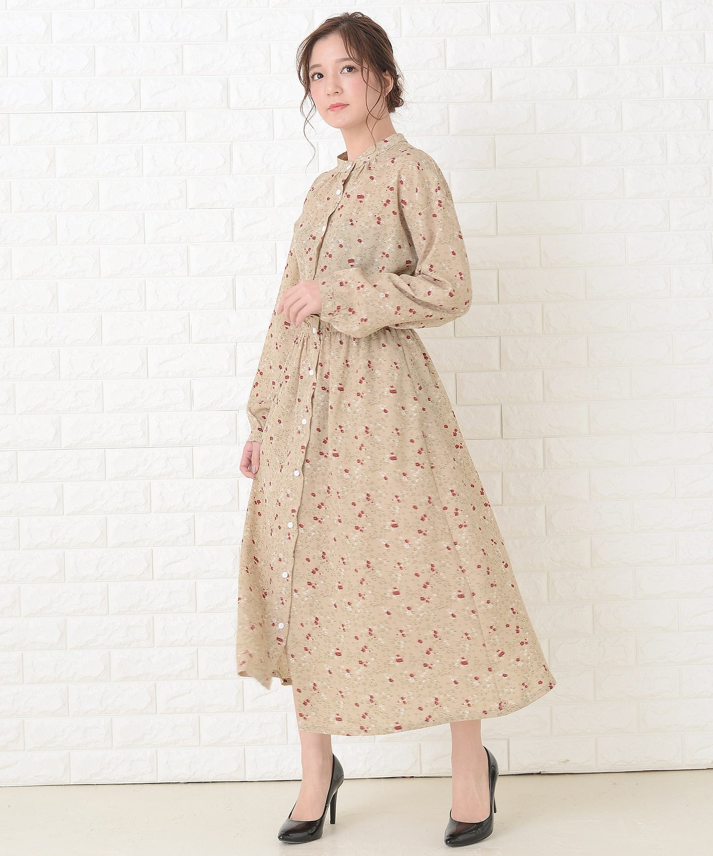 花柄フレア 長袖ロングワンピース