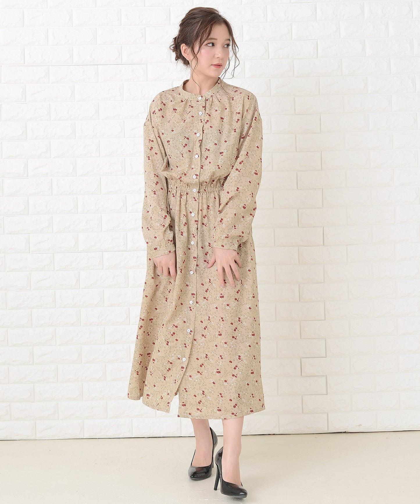 花柄フレア 長袖ロングワンピース
