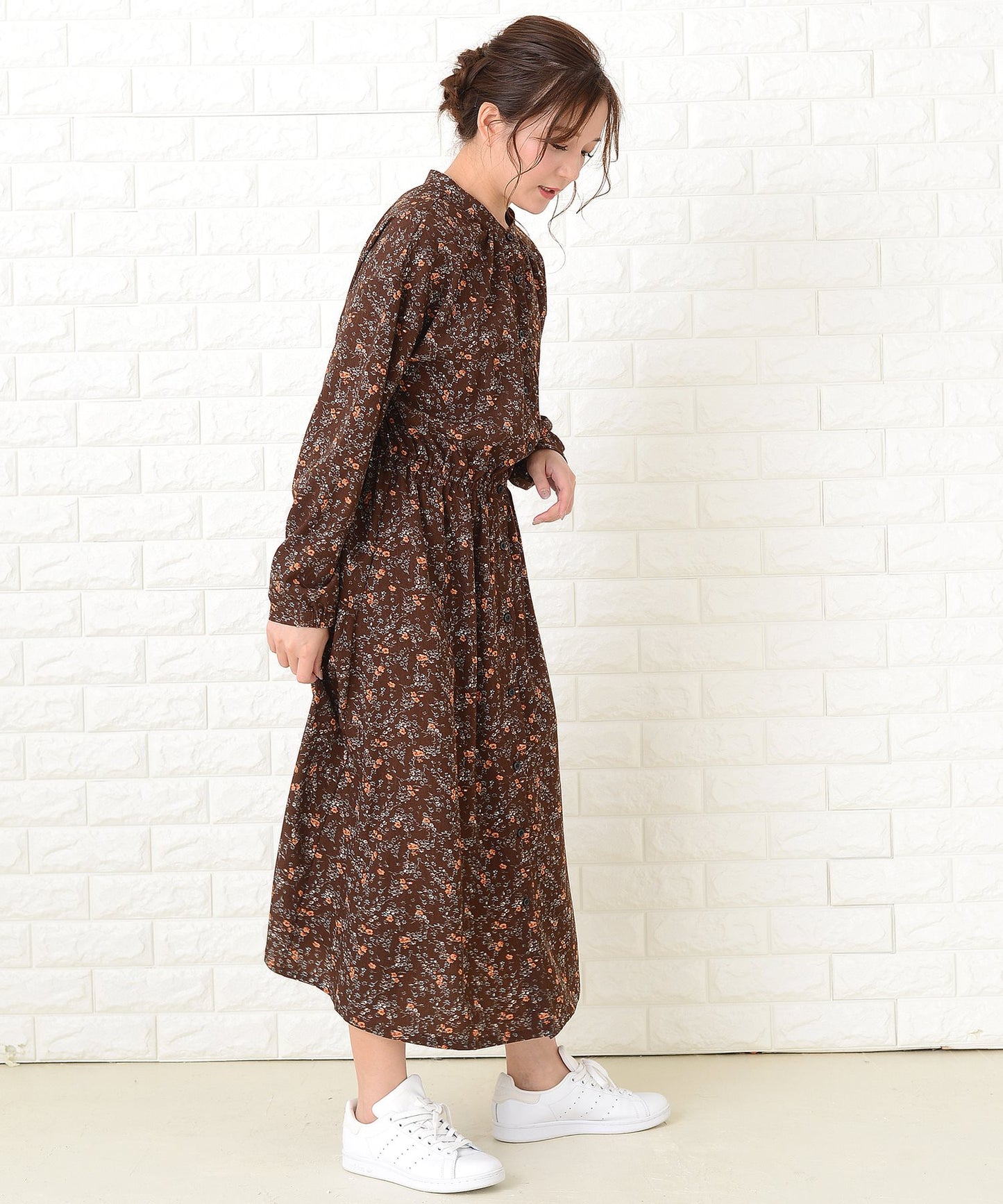 花柄フレア 長袖ロングワンピース