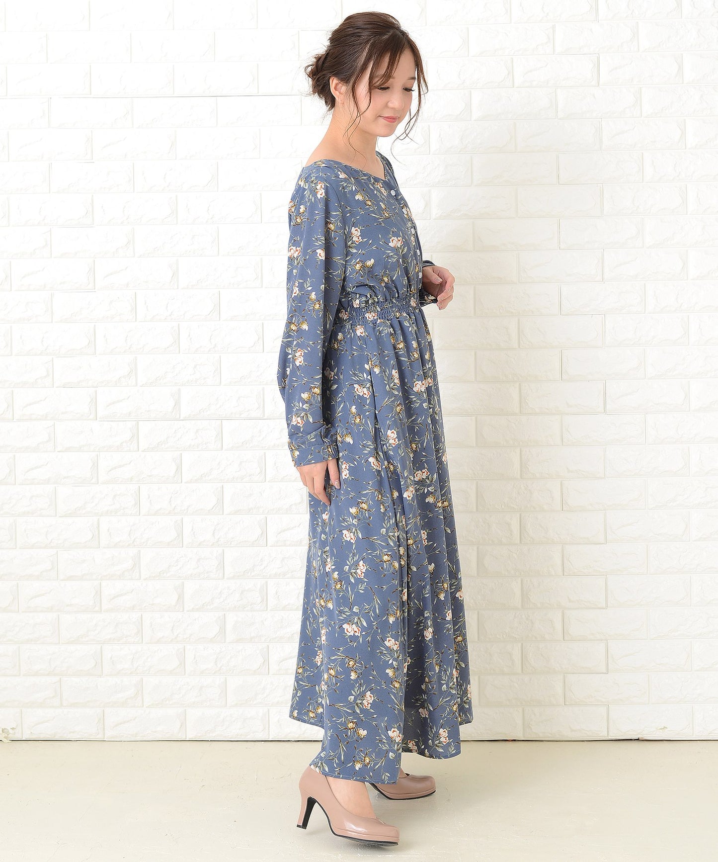 花柄フレア 長袖ロングワンピース